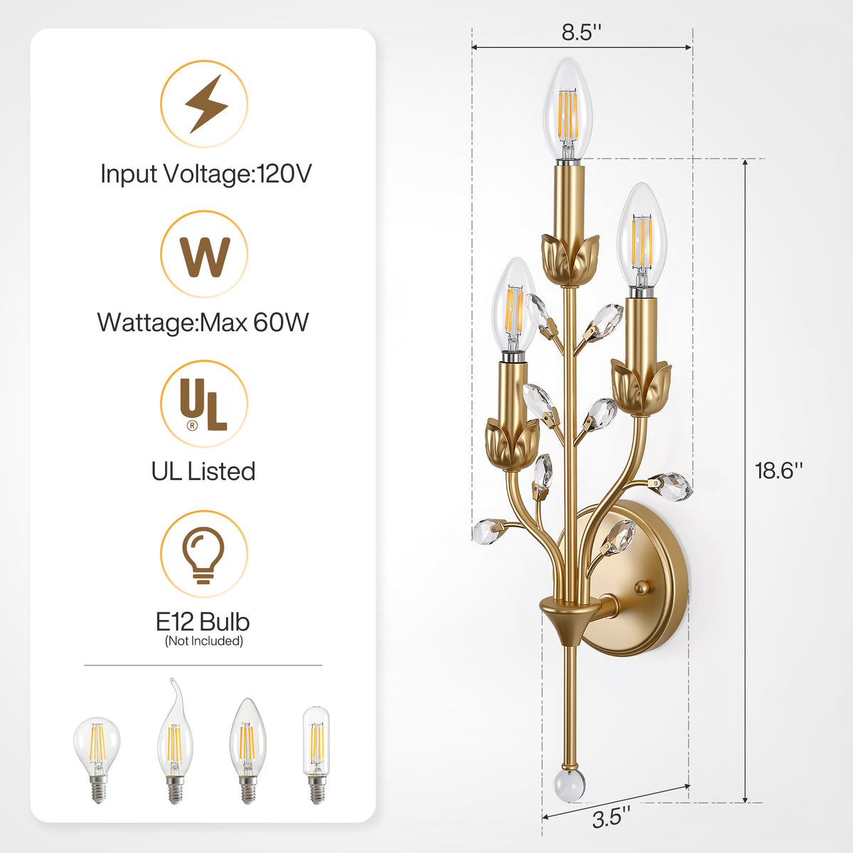 3-Light Gold Crystal Wall Sconce, Floral Vine Candle Wall Light