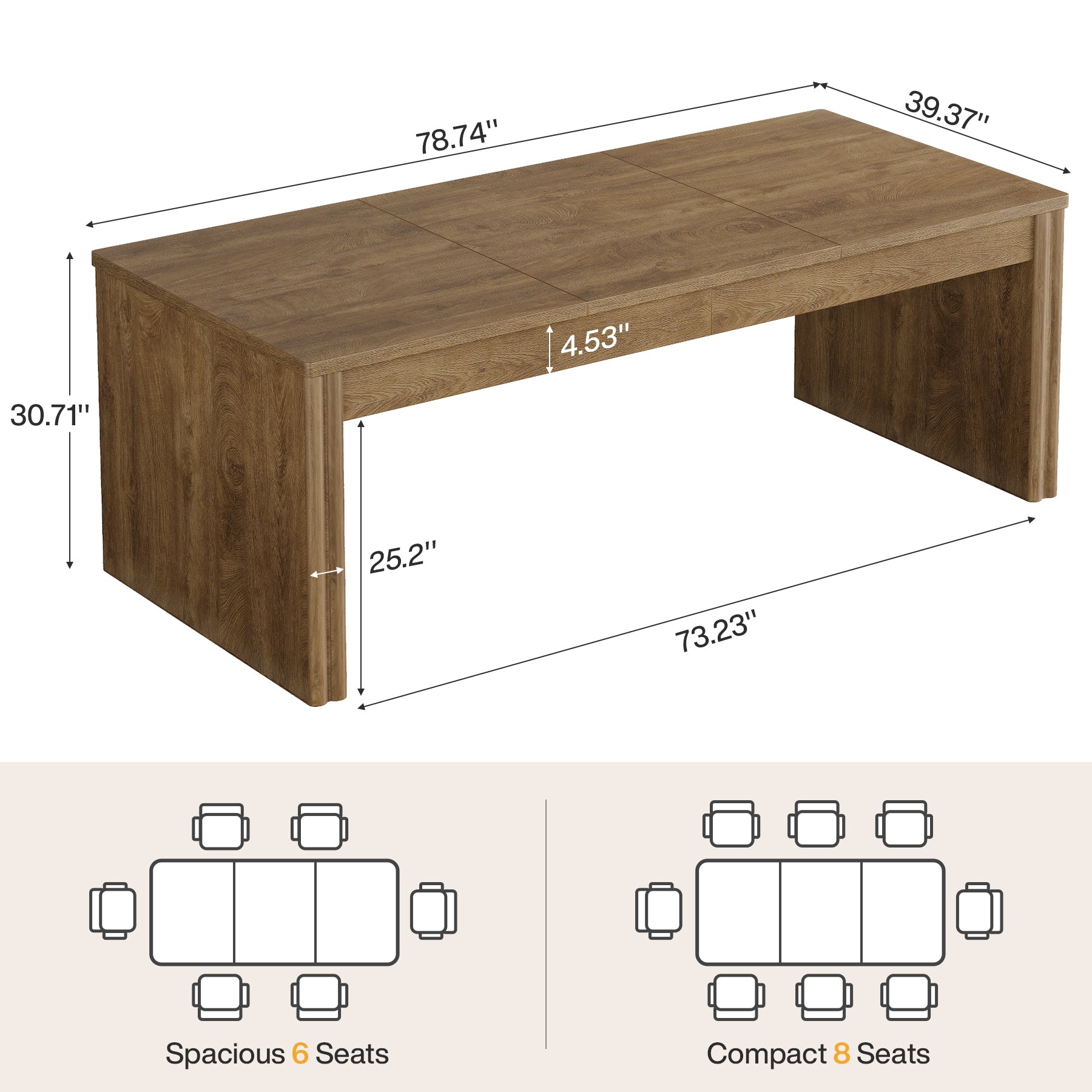 79" Large Dining Table for 6-8, Rectangular Kitchen Table with Double Pedestals for Dining Room