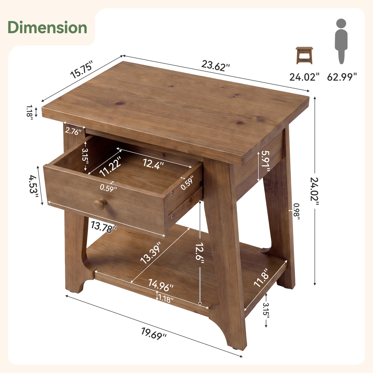Solid Wood End Table, Narrow Side Table with Drawer & Open Shelf for Small Spaces