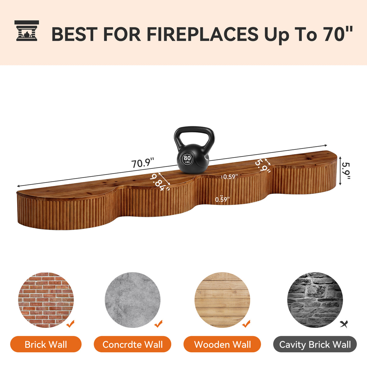 70.9" Fireplace Mantel, Solid Wood Fluted Floating Display Mantel Shelf for Living Room