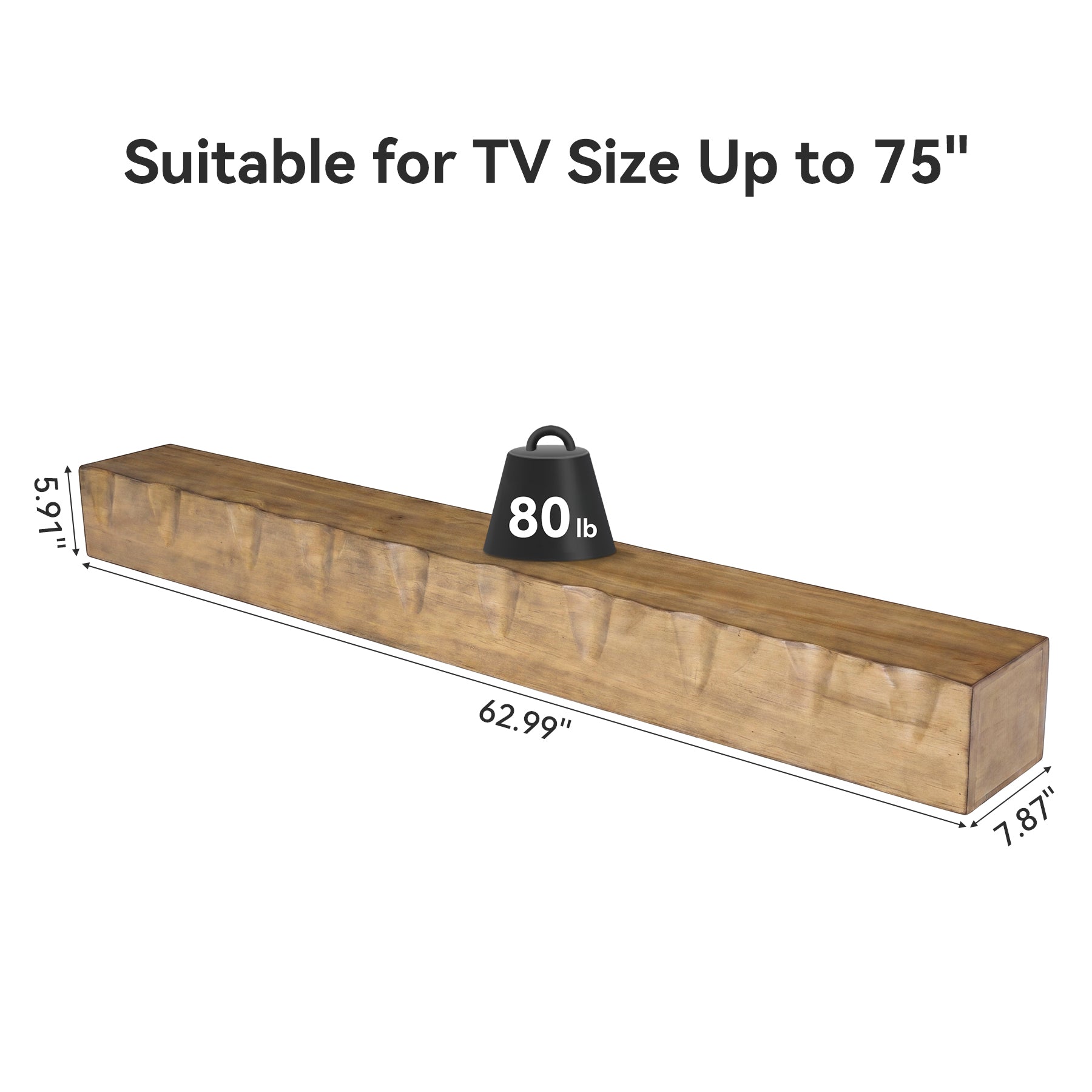 Solid Wood Floating TV Stand, 63" Wall Media Shelf for TVs Up to 75"