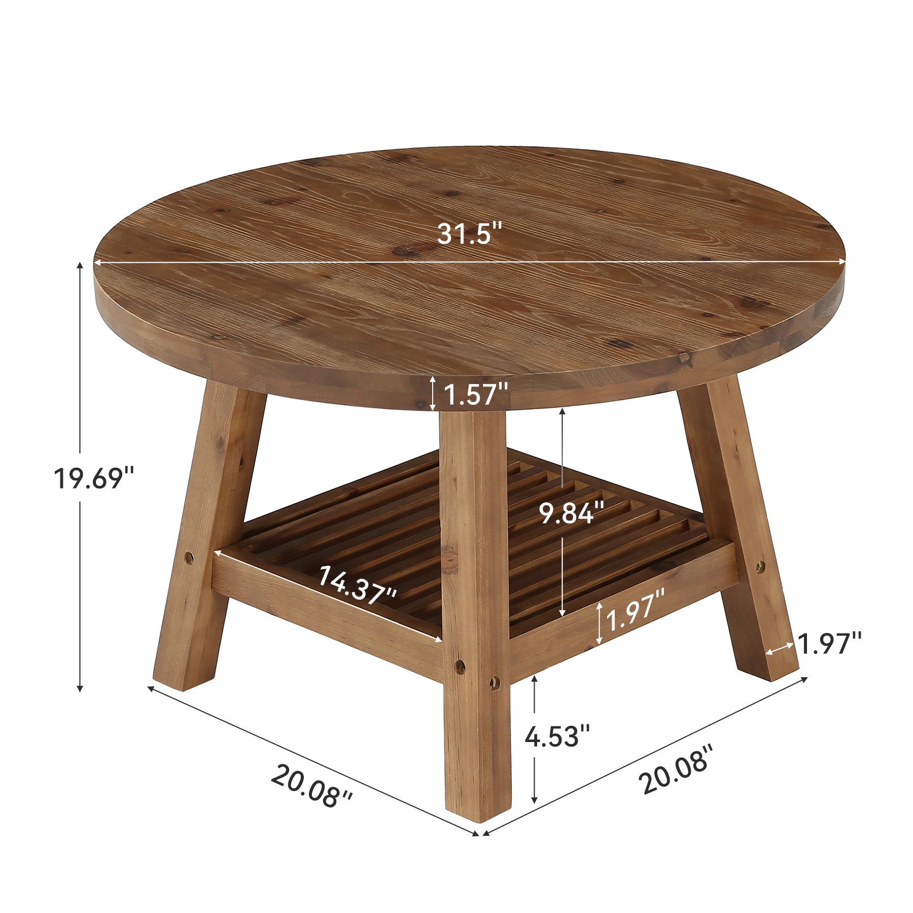 Solid Wood Round Coffee Table, 31.5" Center Table with 2-Tier Storage for Living Room