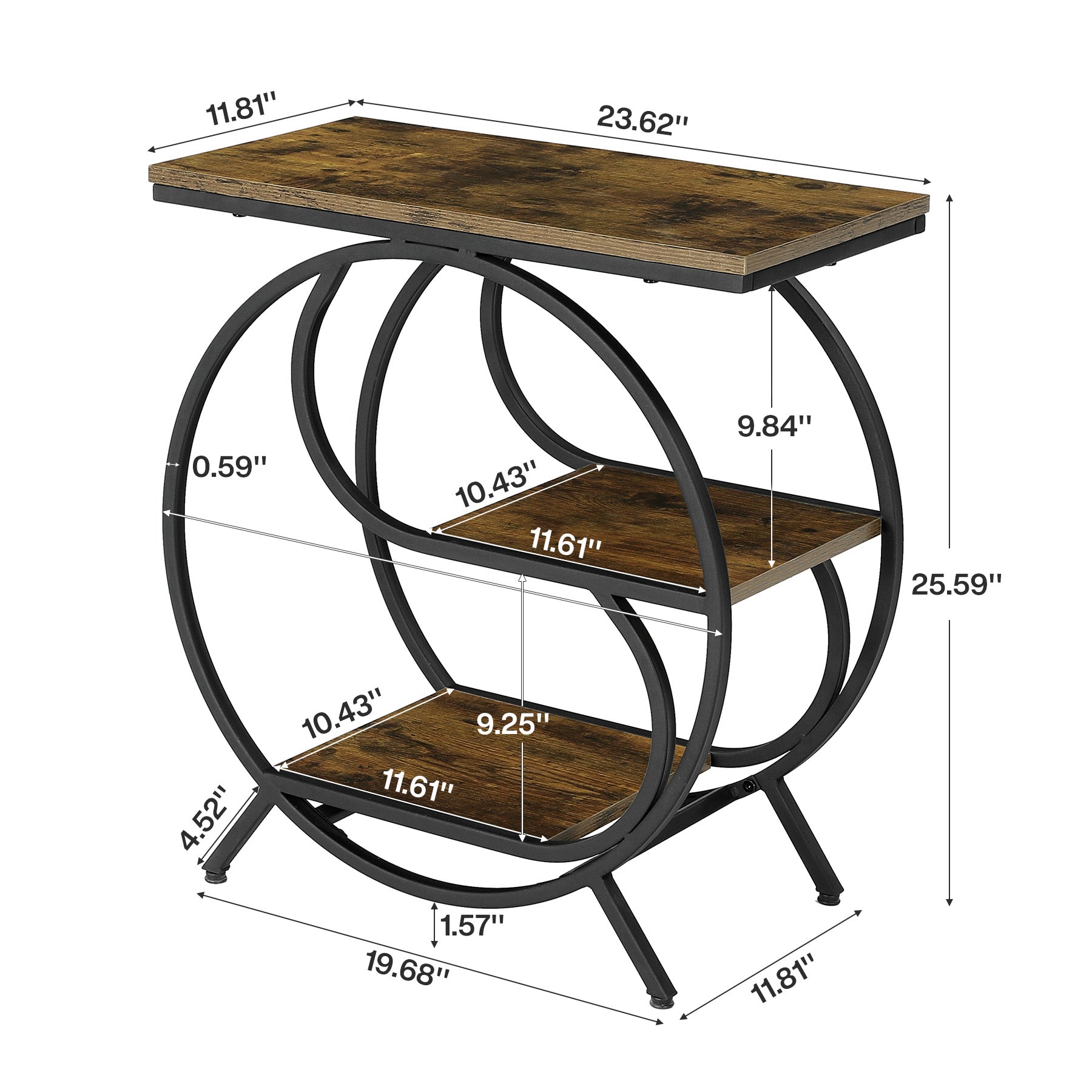 23.62" Industrial 3-Tier End Table, Rustic Brown Rectangle Side Table