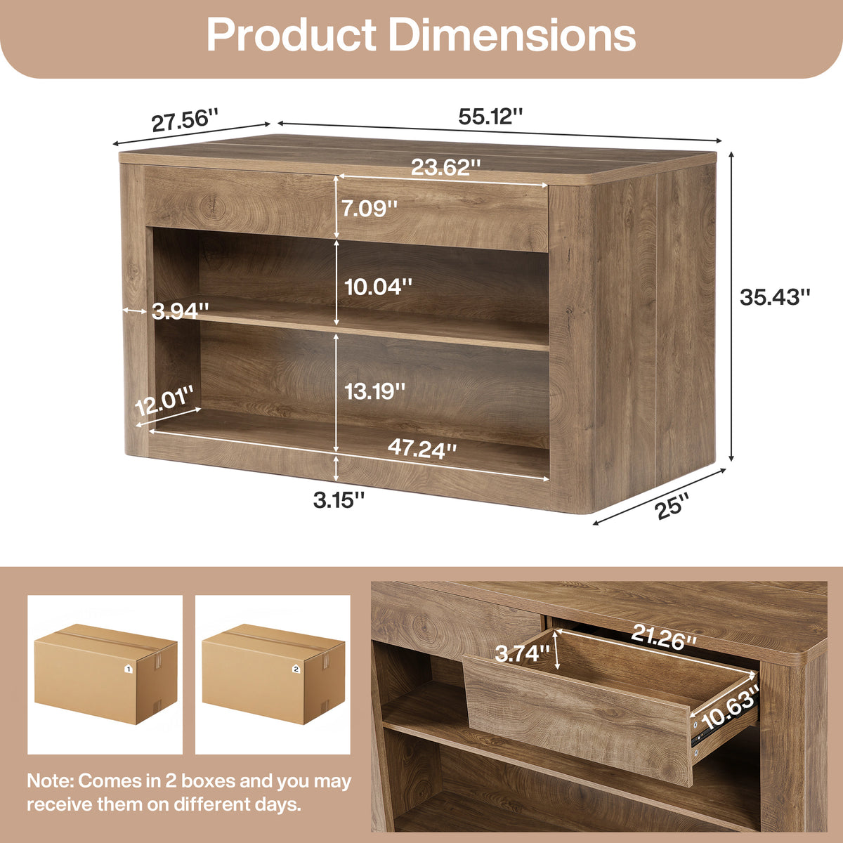 55" Bar Table with 2 Drawers, Farmhouse Pub Table with 3-Tier Open Shelves