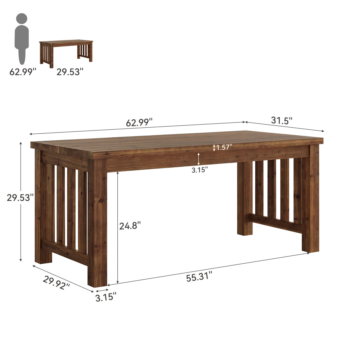 63" Solid Wood Computer Desk, Sturdy Farmhouse Home Office Writing Table