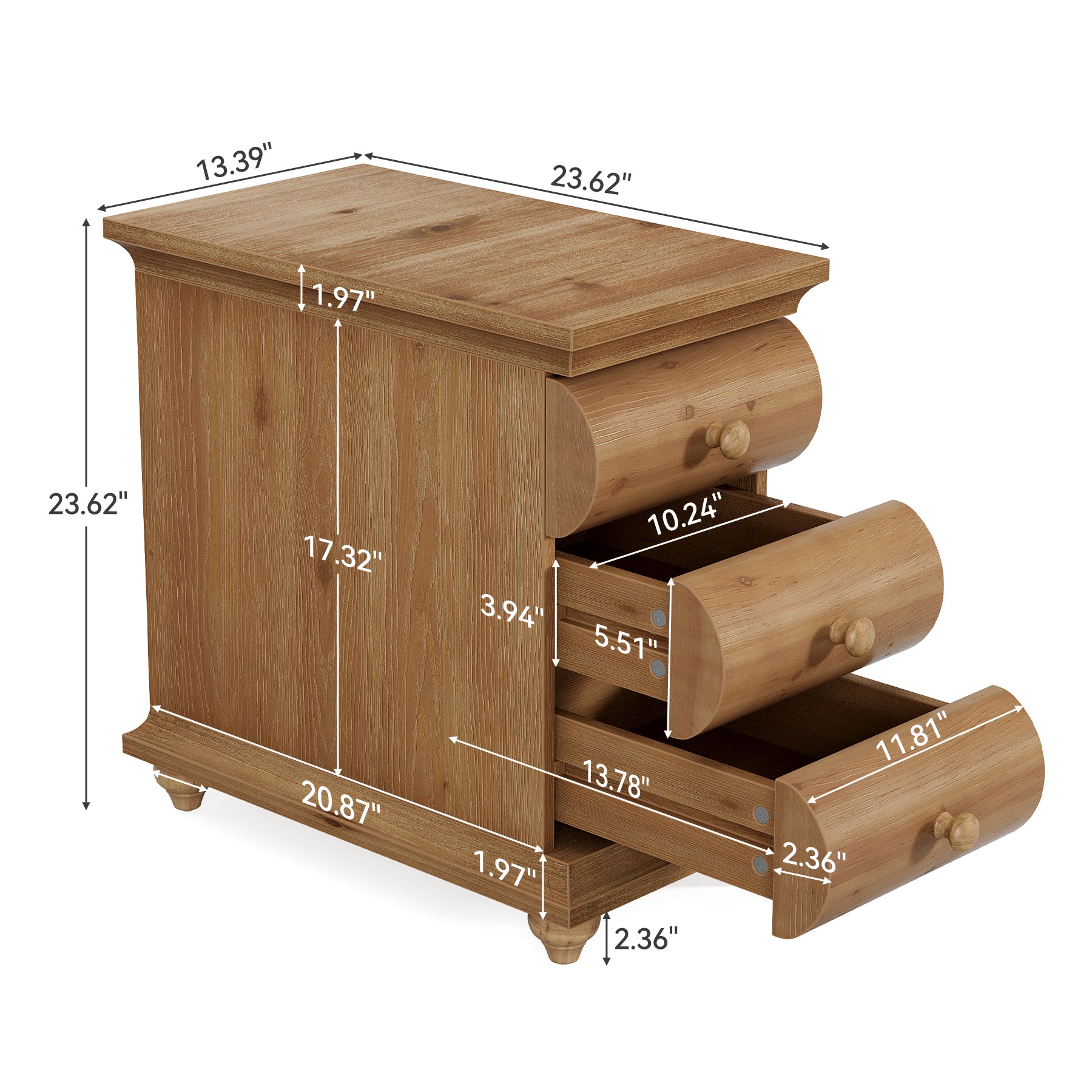 Solid Wood End Table with 3 Drawers, Narrow Side Table with Storage