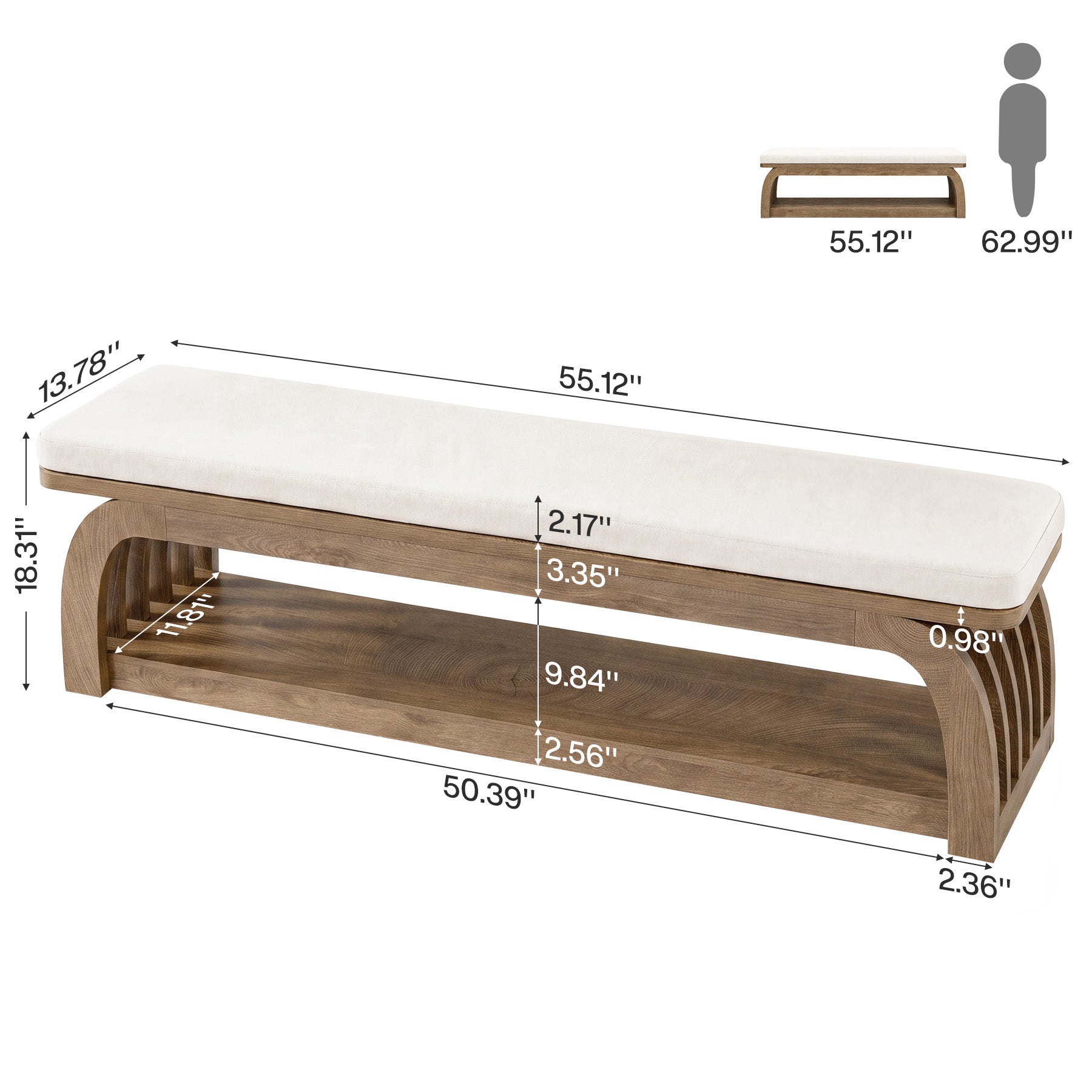 55" Upholstered Dining Bench, 2-Tier Farmhouse Kitchen Bench with Unique Hollow Legs