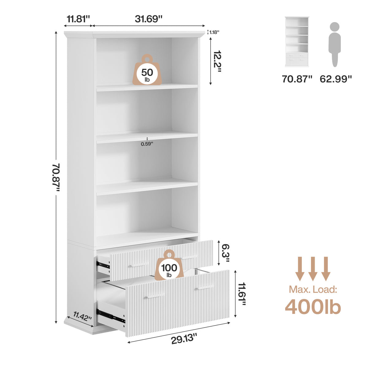 2-Drawer File Cabinet with 4-Tier Shelves, 71" Vertical Storage Cabinet for Home Office
