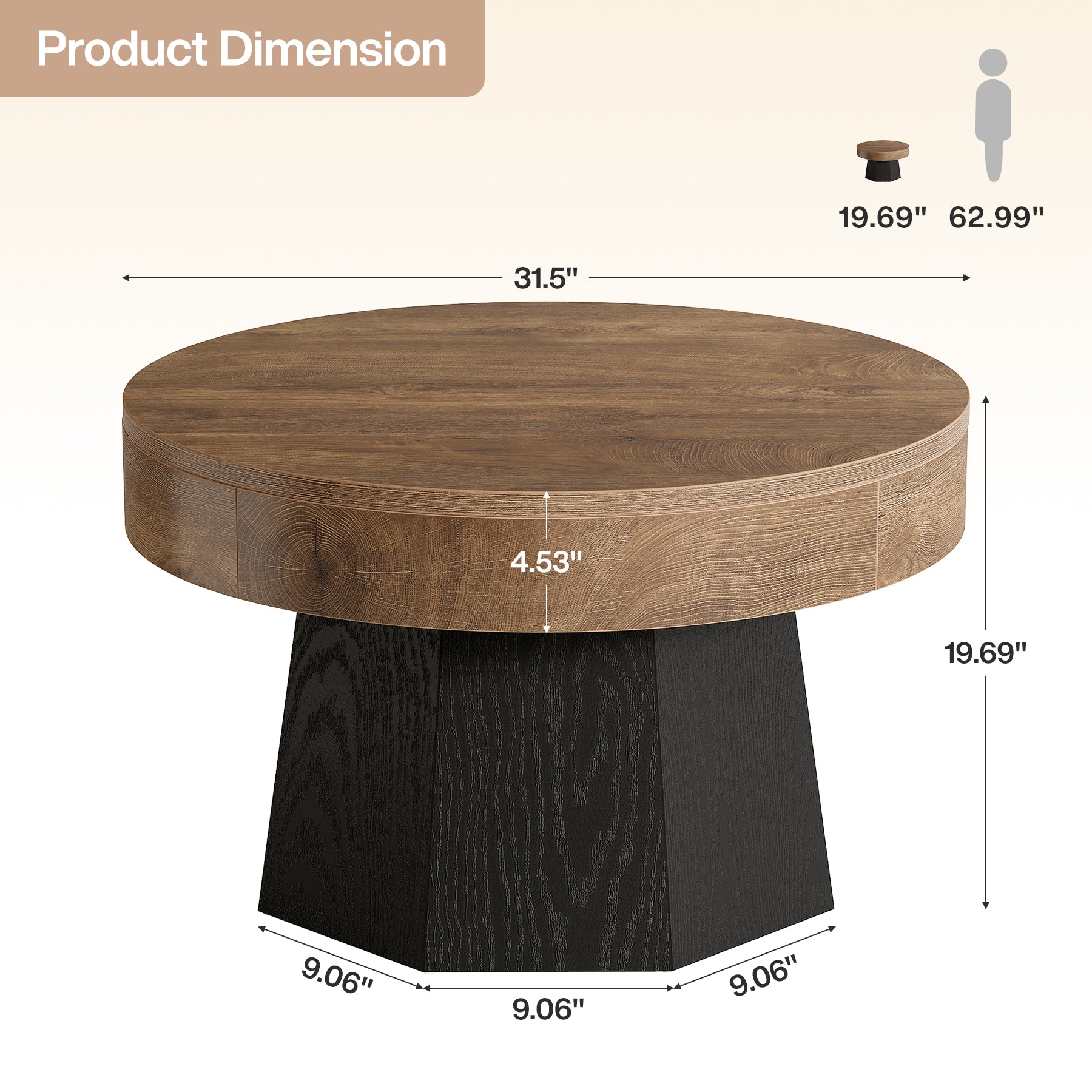 31.5" Round Coffee Table, octagonal base Tea Table for Living Room