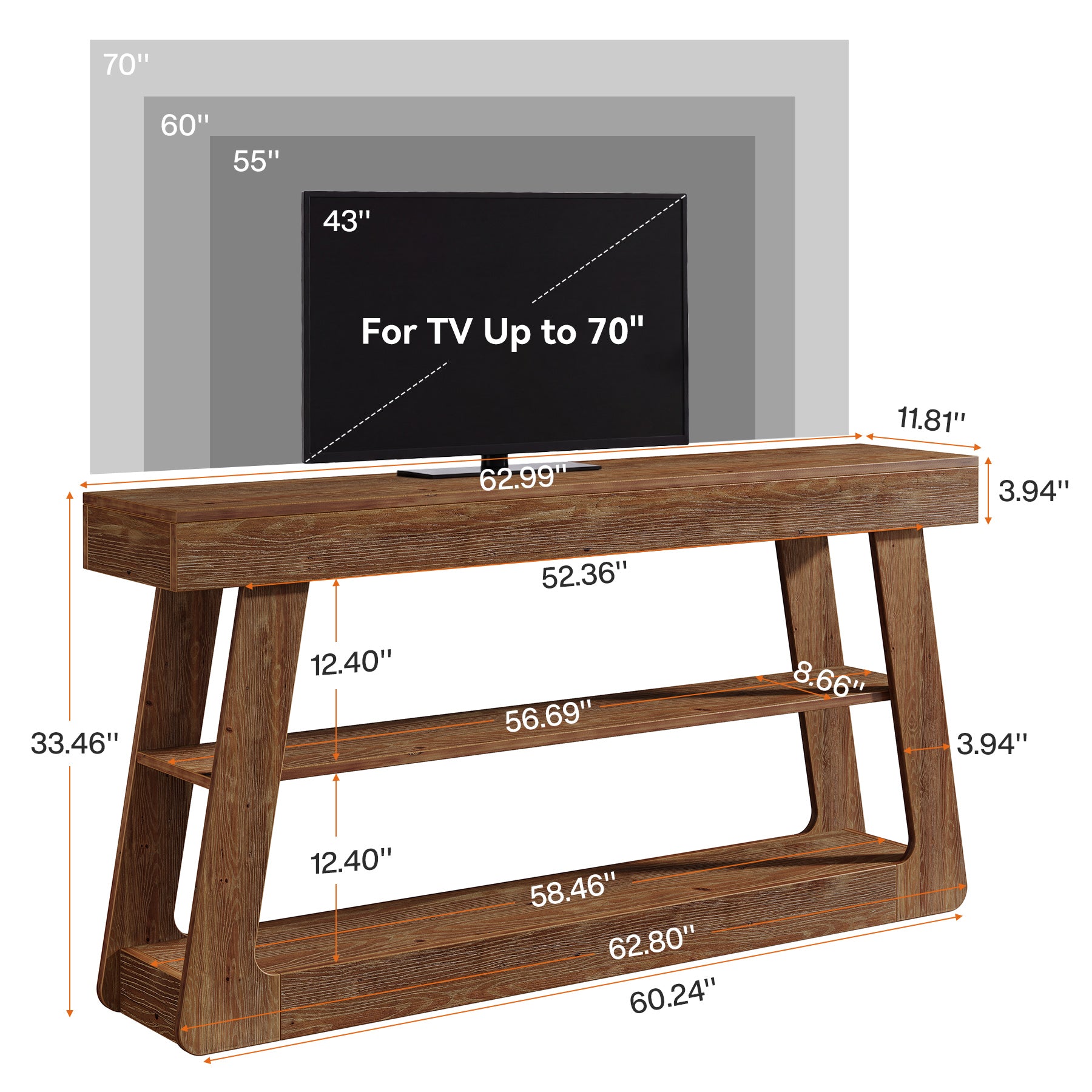 63" Solid Wood TV Stand, 3-Tier Storage Entertainment Center For Living Room
