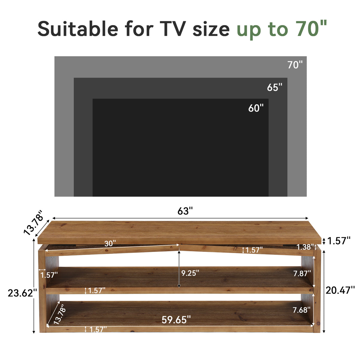 63" Farmhouse Solid Wood TV Stand for TVs Up to 70", 3-Tier Open Storage Media Console