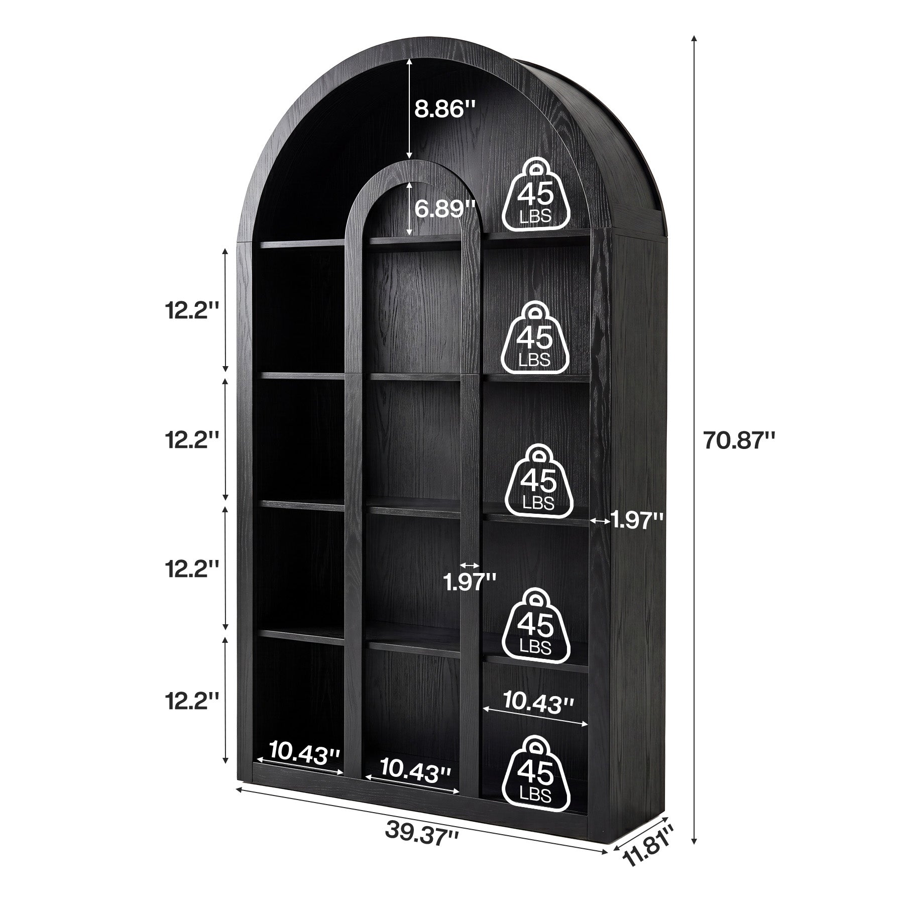 70.87" Tall Bookshelf, 5-Tier Arched Bookcase with Open Shelves for Living Room