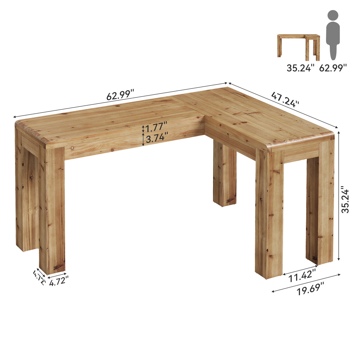 63" Solid Wood L-Shaped Bar Table, Corner Dining Table for Kitchen