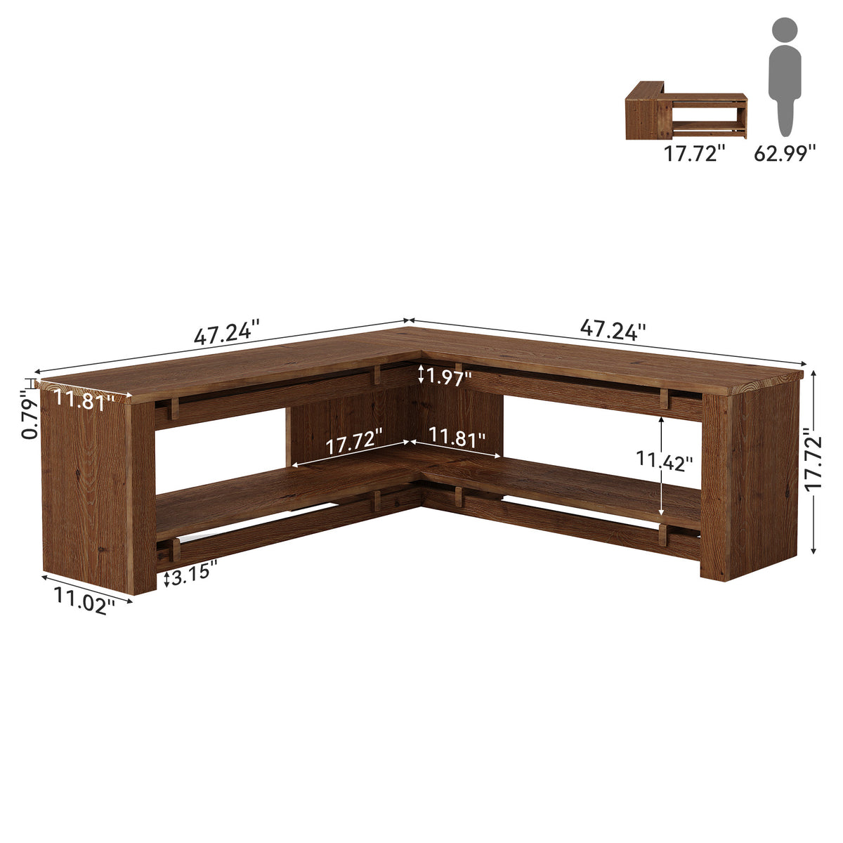 47" L-Shaped Corner Dining Bench, Rustic Solid Wood Breakfast Nook Bench with Shelf