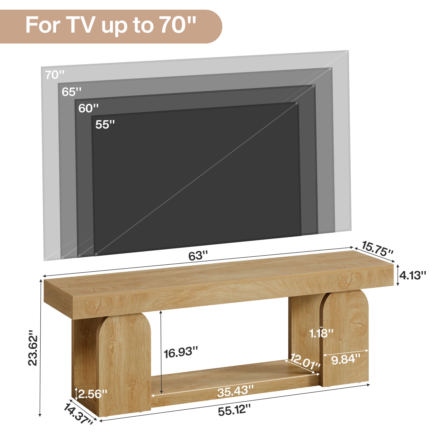 63" Farmhouse TV Stand for TVs up to 75", Wooden Entertainment Center with Open Storage Shelf