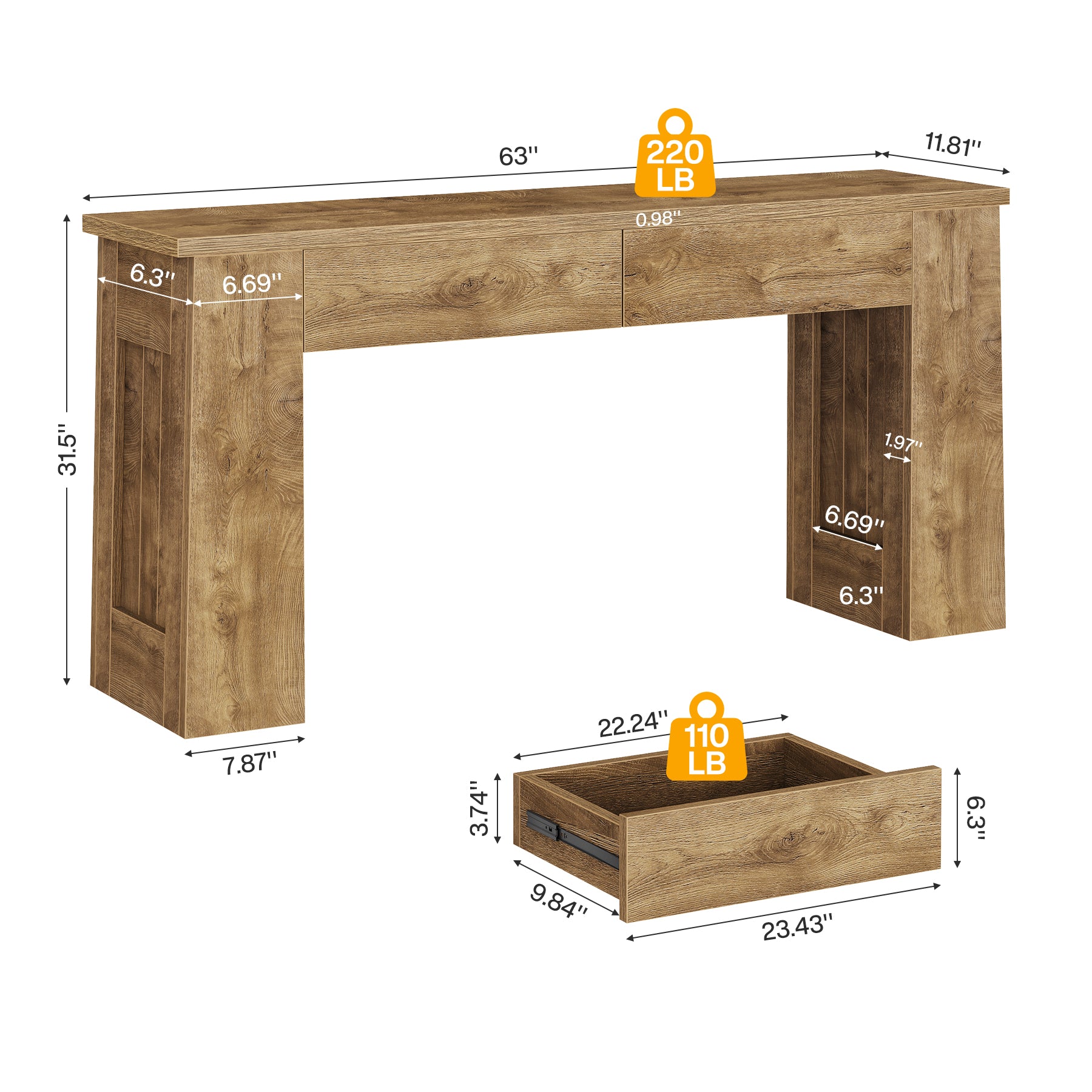 63" Console Table with 2 Drawers, Long Entryway Sofa Table for Living Room