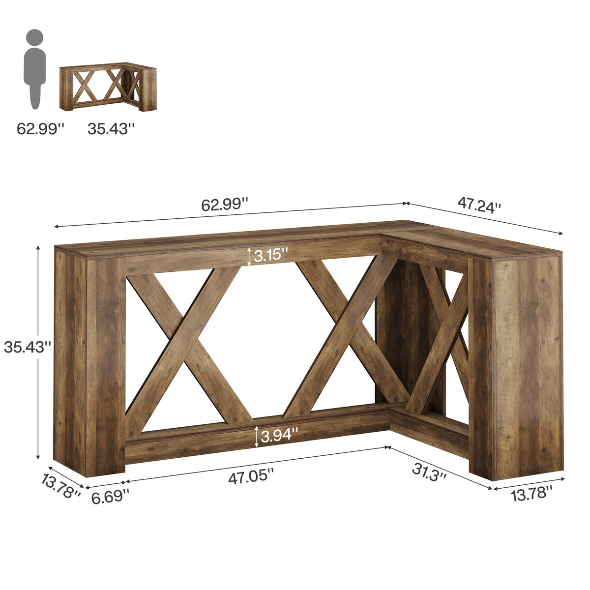 63" L-Shaped Bar Table, X-Cross Frame, Farmhouse Corner Pub Table