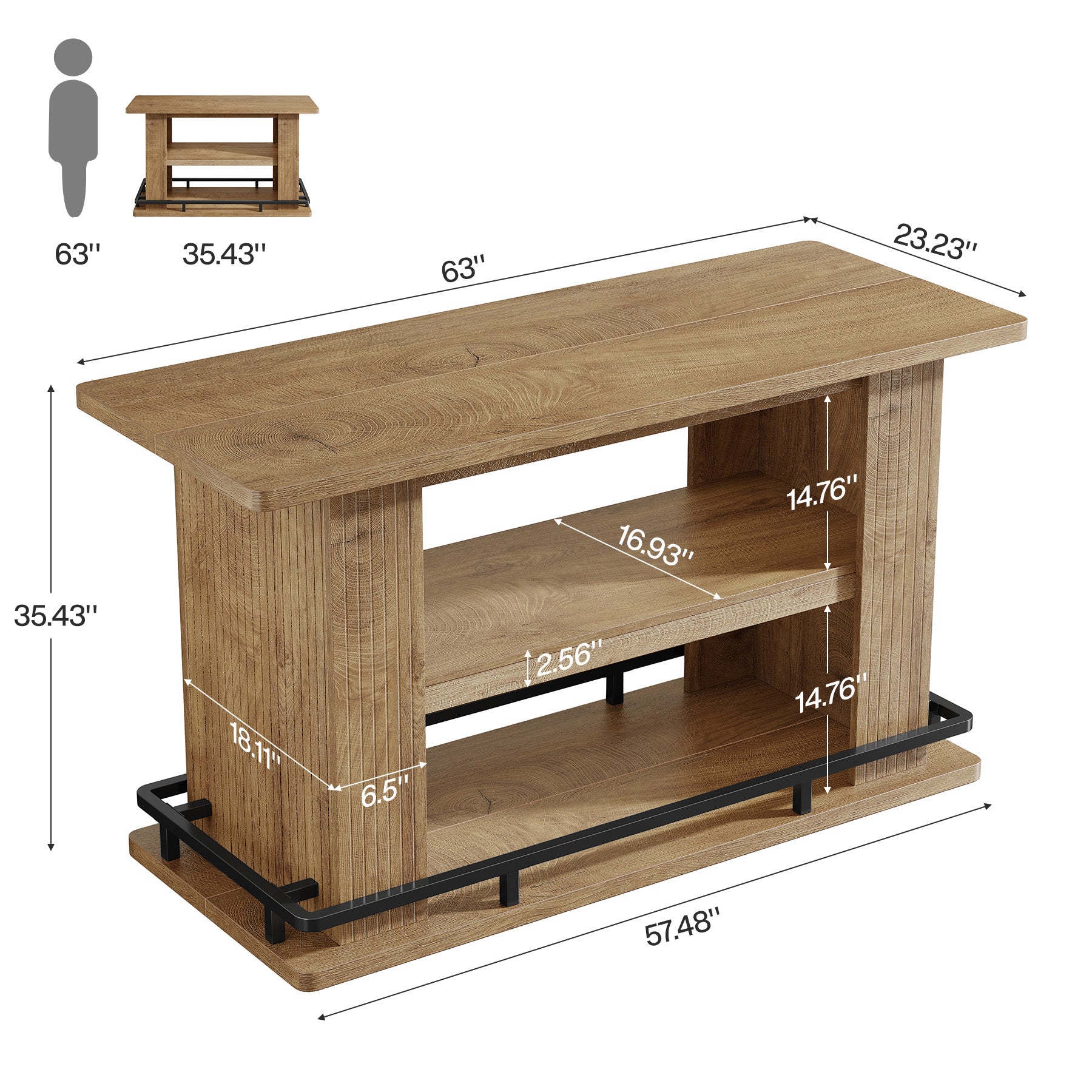 63" Bar Table, 3-Tier Counter Height Pub Table with Metal Footrest for Kitchen, Bistro