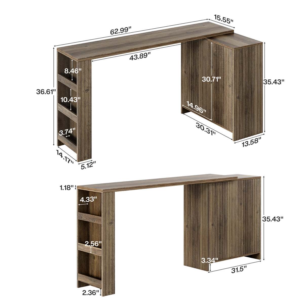 L-Shaped Bar Table, Counter Height Table with Cabinet & Open Shelves for Kitchen, Dining Room