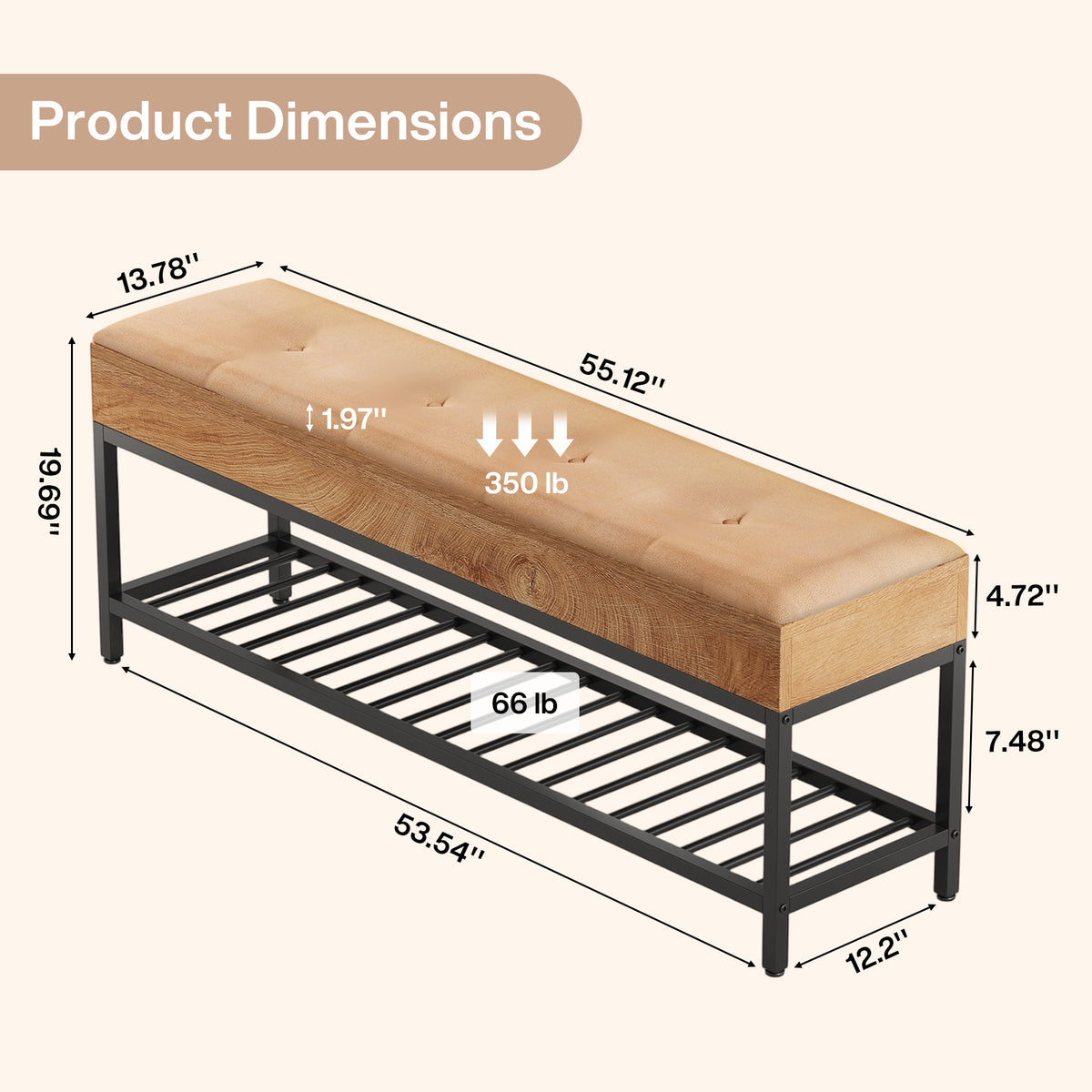 55" Shoe Bench with Cushion, 2-Tier Entryway Bench with Metal Frame
