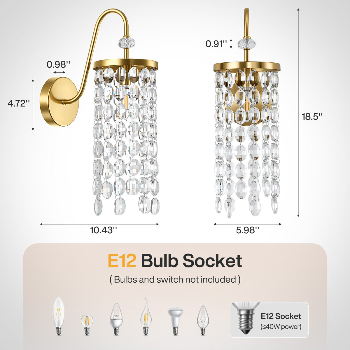 18.5" Gold Wall Sconce, Crystal Wall Light with E12 Socket