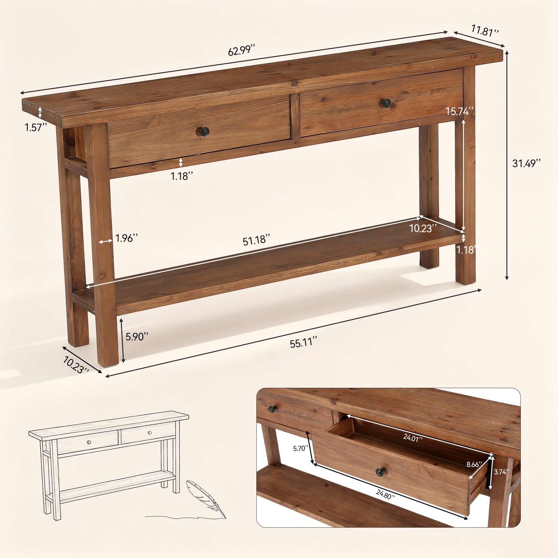 63" Solid Wood Console Table, Narrow Sofa Entryway Table with 2 Drawers and Shelf