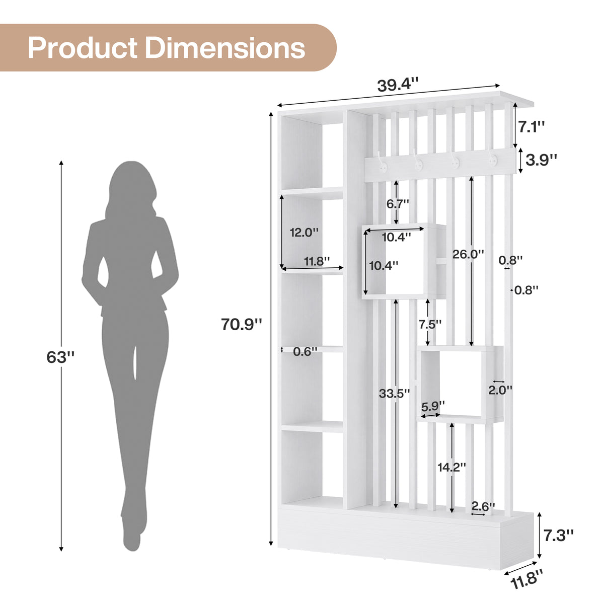 71" Room Divider with Shelves, Modern Wall Partition with Coat Hooks & Open Display Shelf