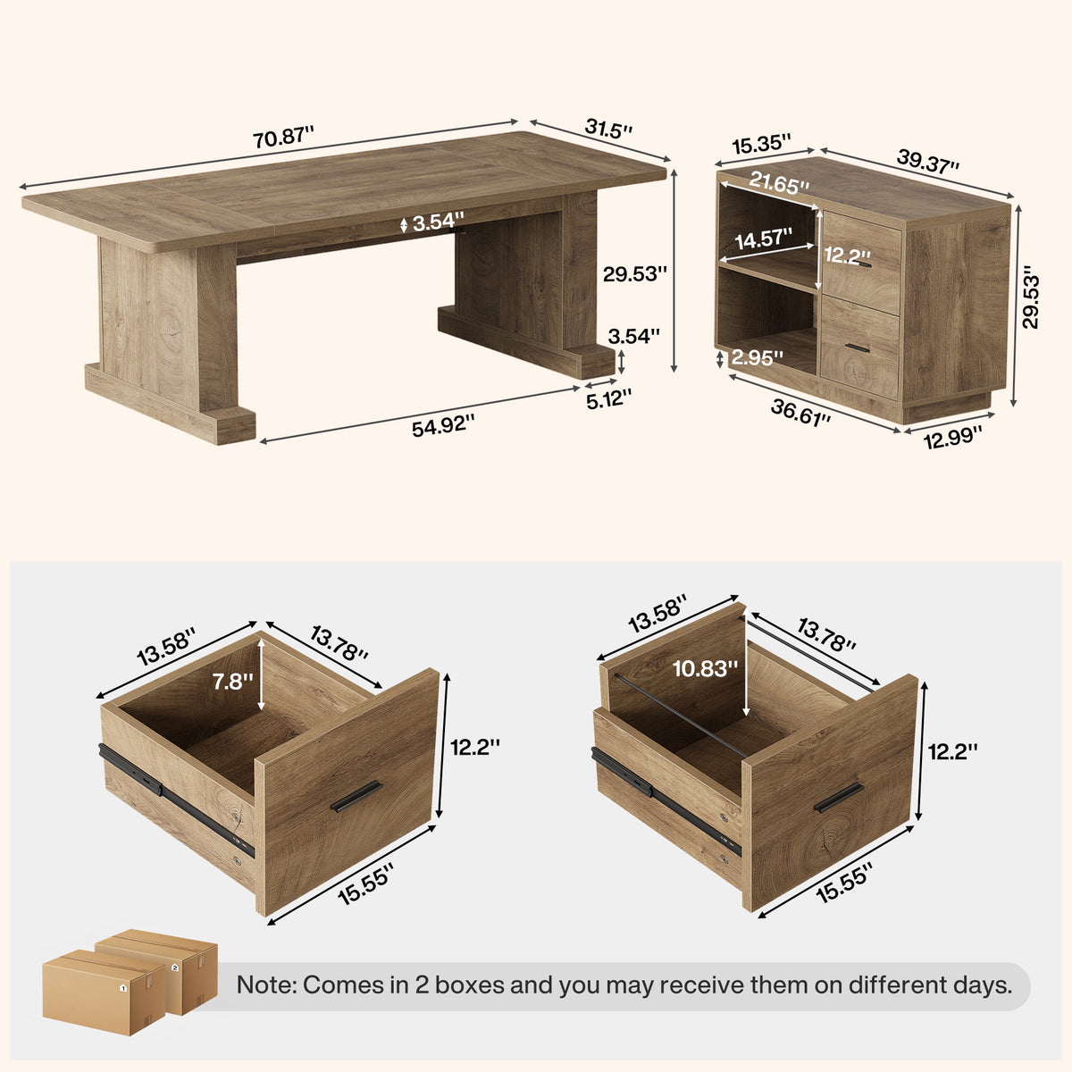 70" L-Shaped Office Desk with File Cabinet, 2 Drawers & 2 Storage Cubes, Home Office