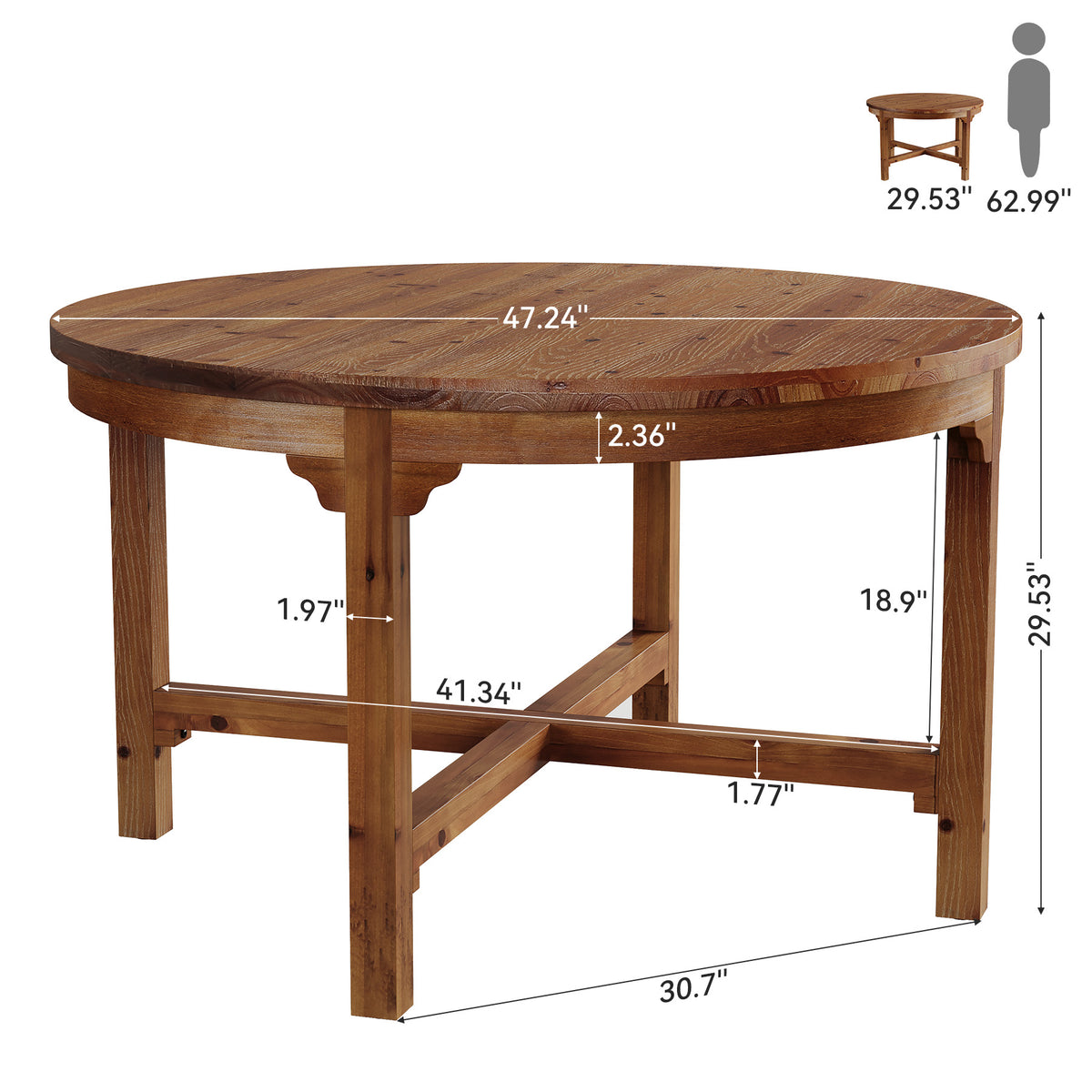 Solid Wood Round Dining Table, 47" Farmhouse Kitchen Table with Cross Base for 4