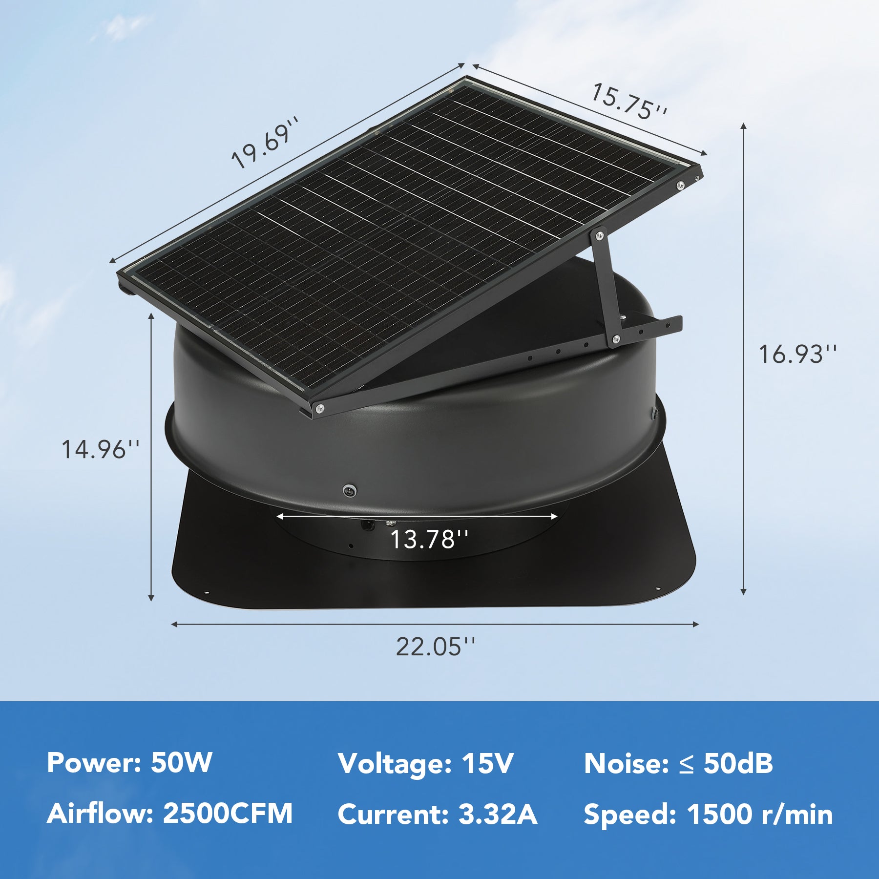 50W Solar Attic Fan with 2500 CFM & Smart Thermostat / Humidity / Smoke Sensor