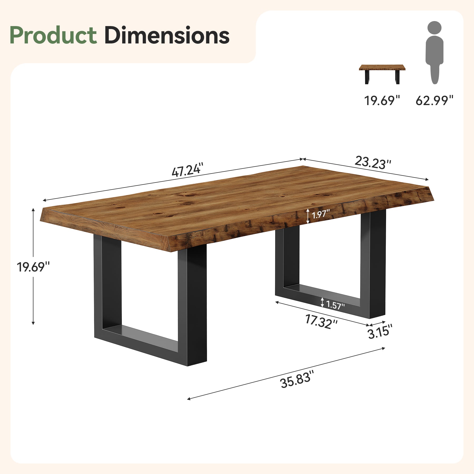 47" Solid Wood Coffee Table, Industrial Modern Center Table with Metal Base for Living Room