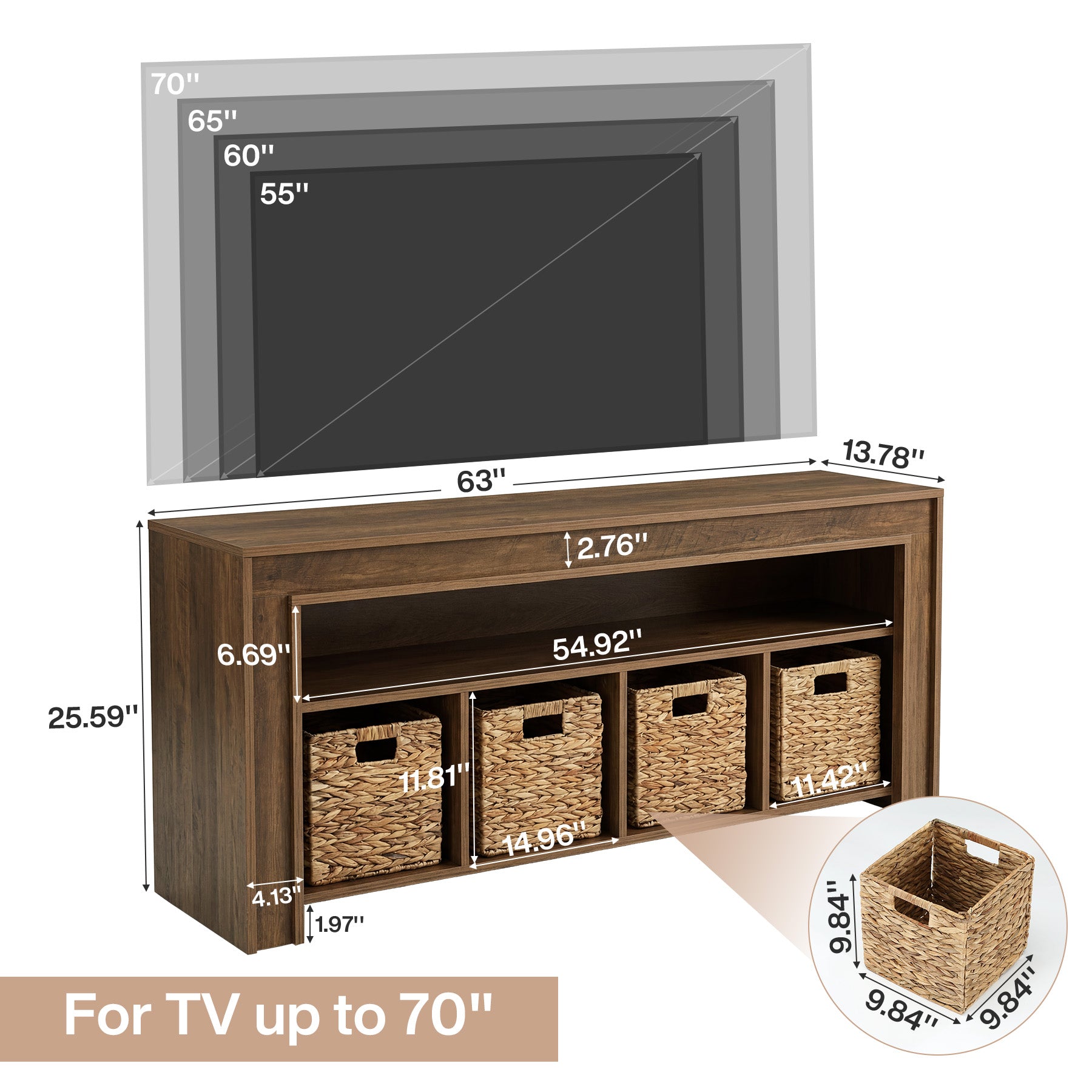 63" Farmhouse TV Stand for 55–70 Inch TVs, Media Console with Baskets & Open Storage