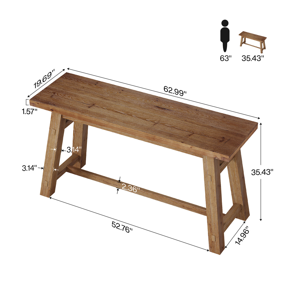 63" Solid Wood Bar Table with Footrest, Rectangular Pub Table, High Top Table