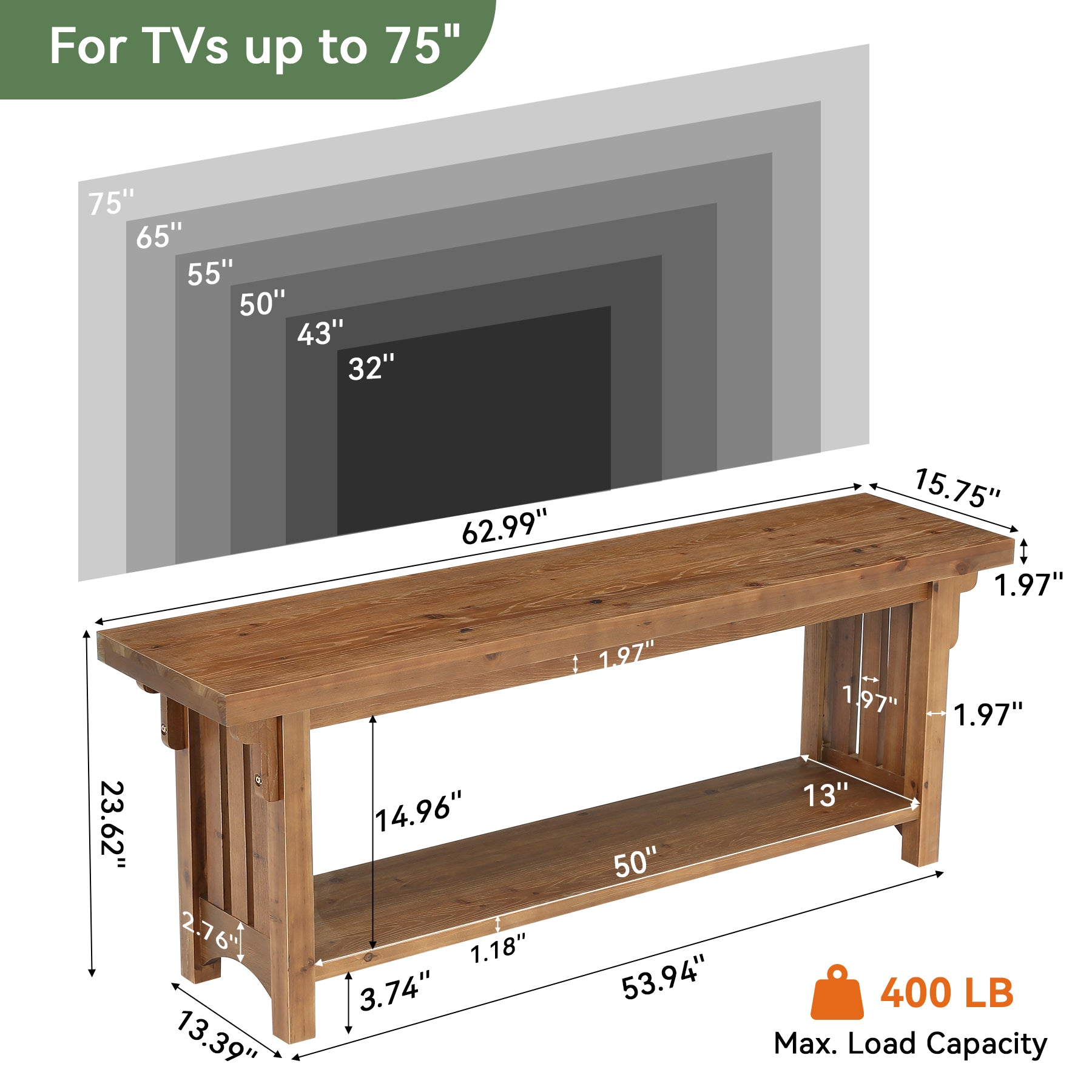 63" Solid Wood TV Stand, Farmhouse Entertainment Center with Storage Shelf for 75" TVs