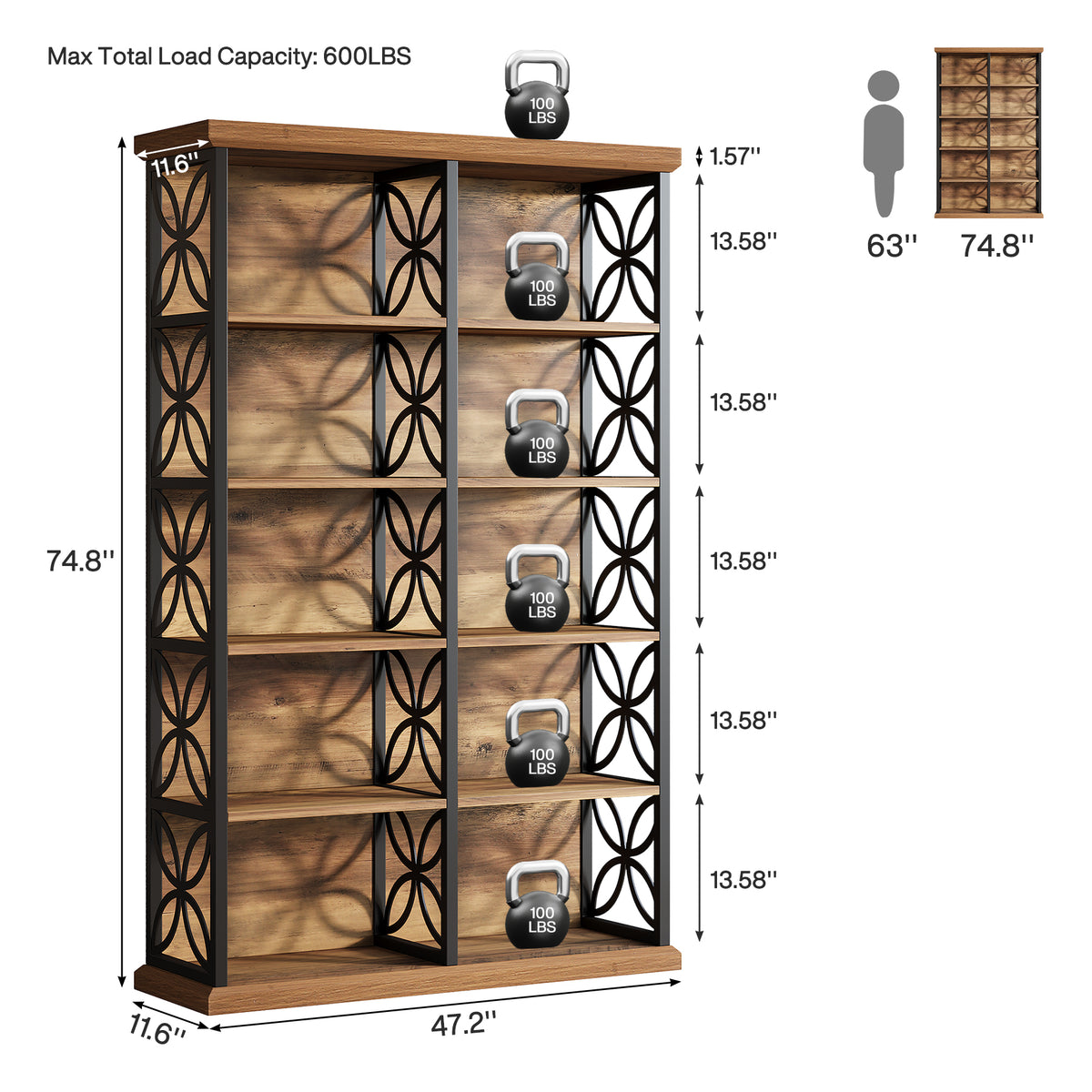 75" Industrial 6-Tier Bookcase, 10-Cube Metal Frame Freestanding Bookshelf, Home Office