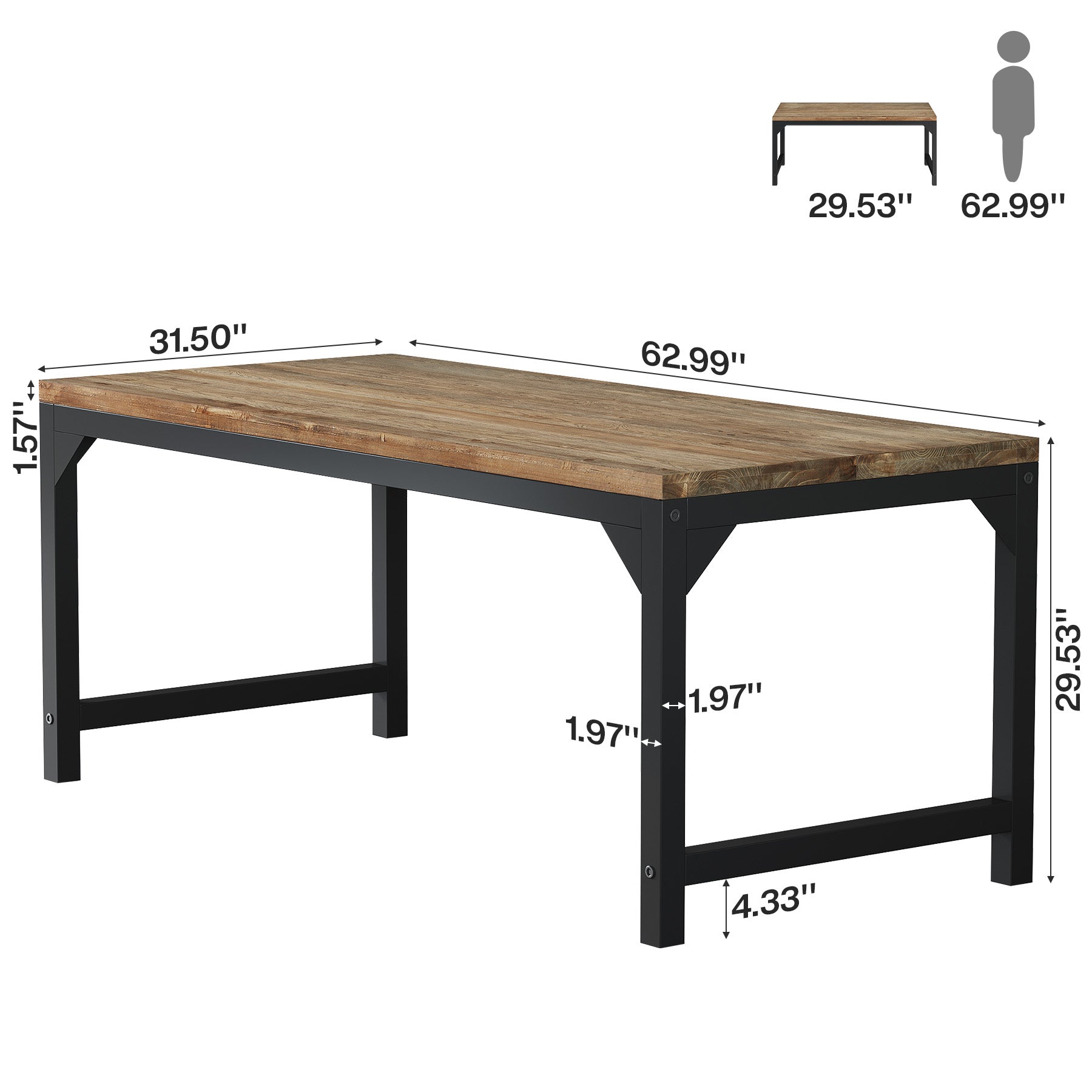 63" Solid Wood Office Desk, Heavy-Duty Computer Desk with Metal Frame