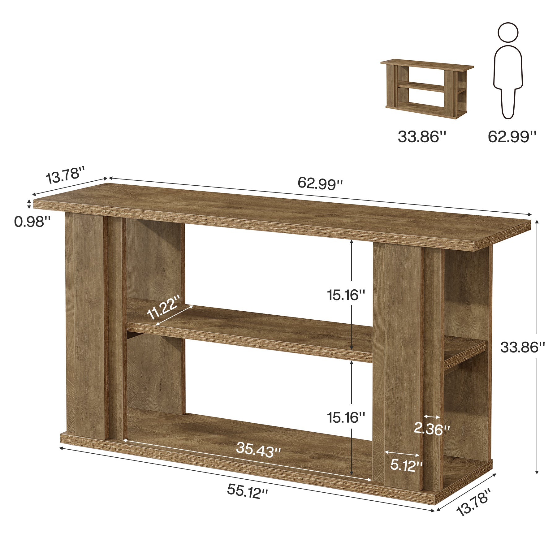 63" Farmhouse Console Table, Narrow Entryway Sofa Table with 3-Tier Storage Shelves