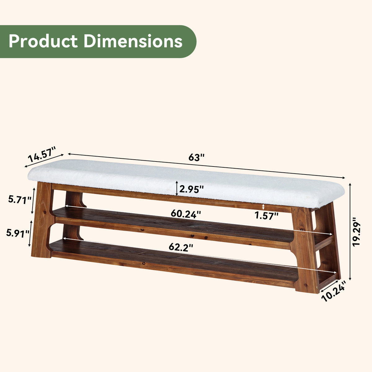 3-Tier Solid Wood Entryway Bench, 63" Shoe Bench with Faux Shearling Cushion for Hallway