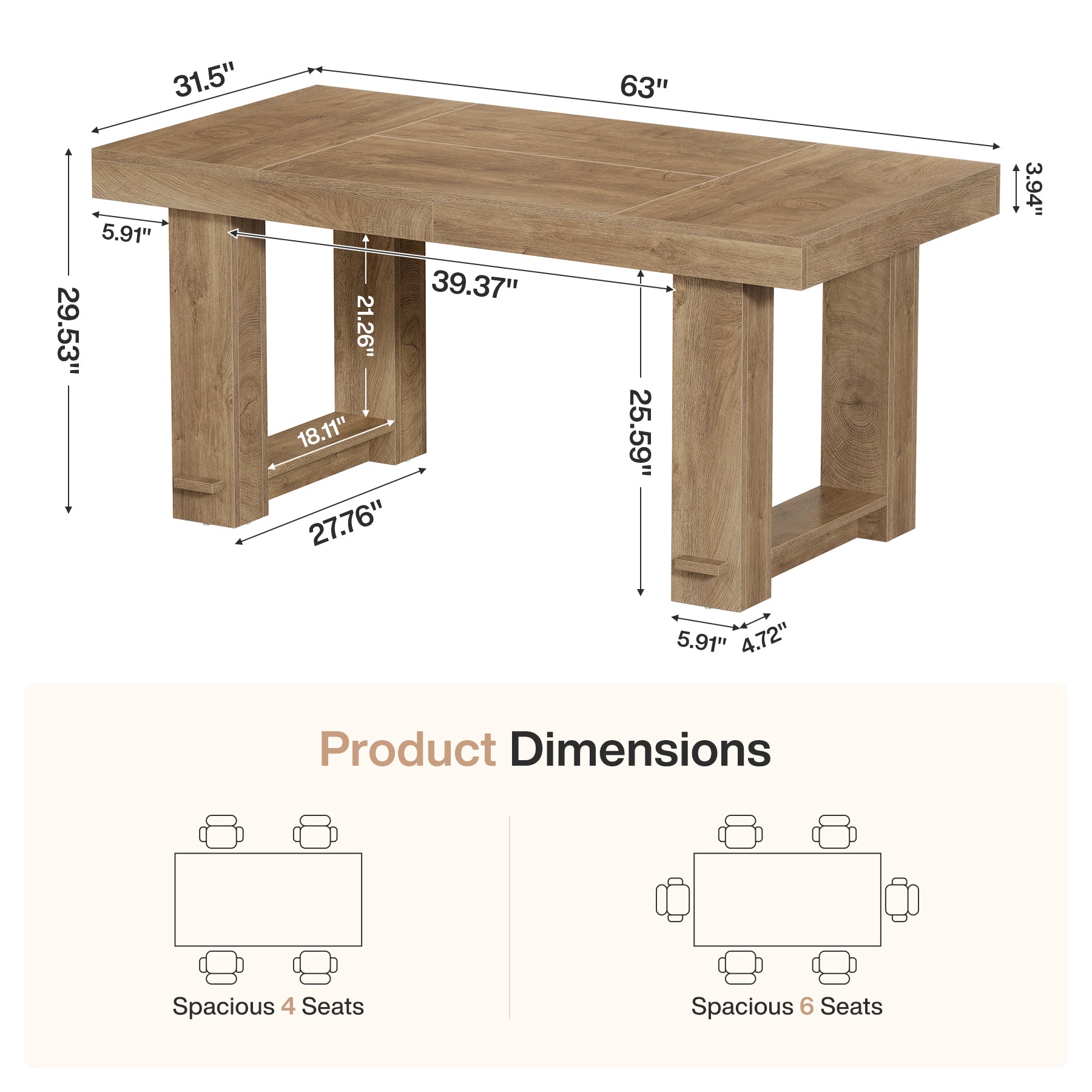 63" Large Dining Table, Rectangular Farmhouse Kitchen Table for 4-6 People
