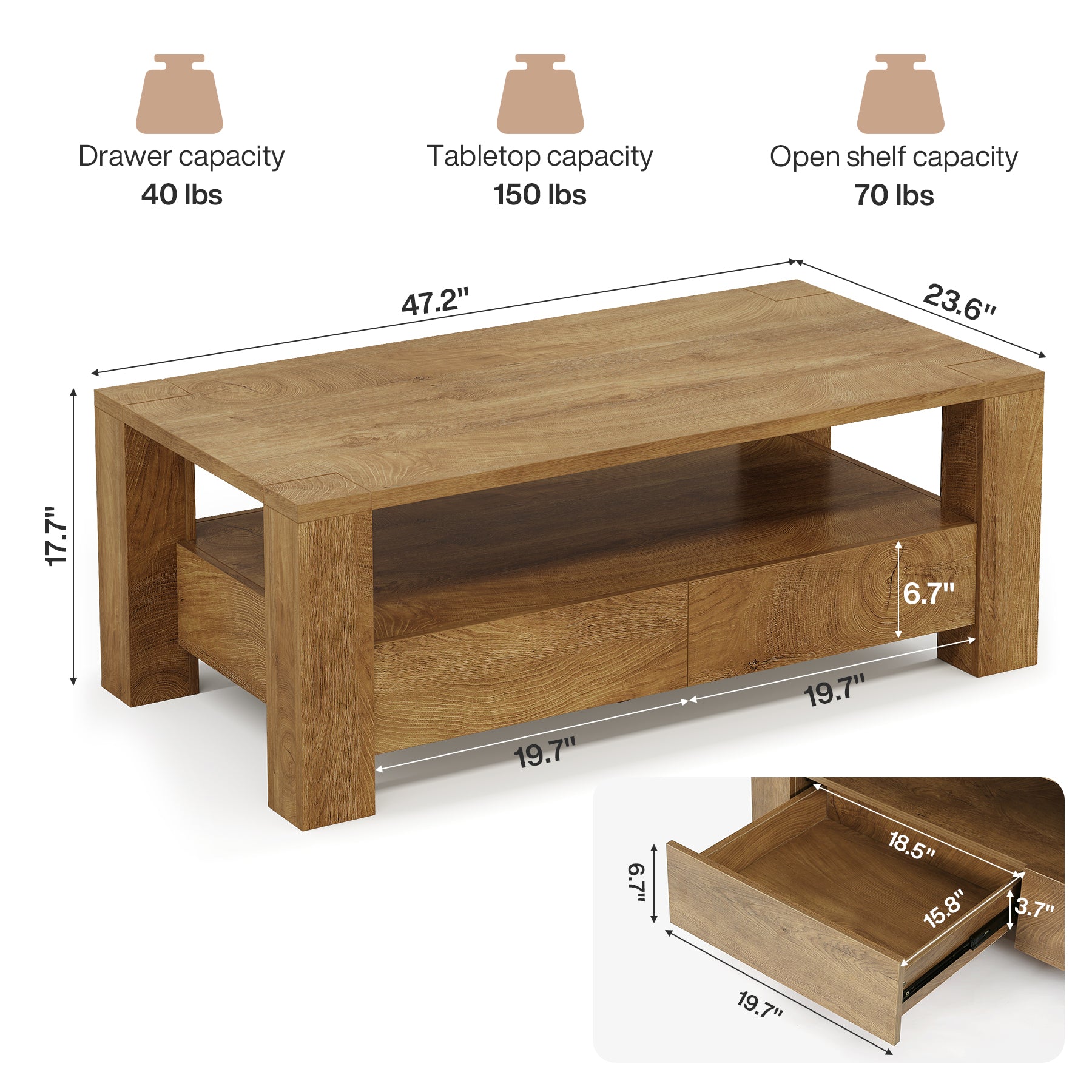 Rectangle Coffee Table, 47" Center Tea Table with 2 Drawers & Open Shelf