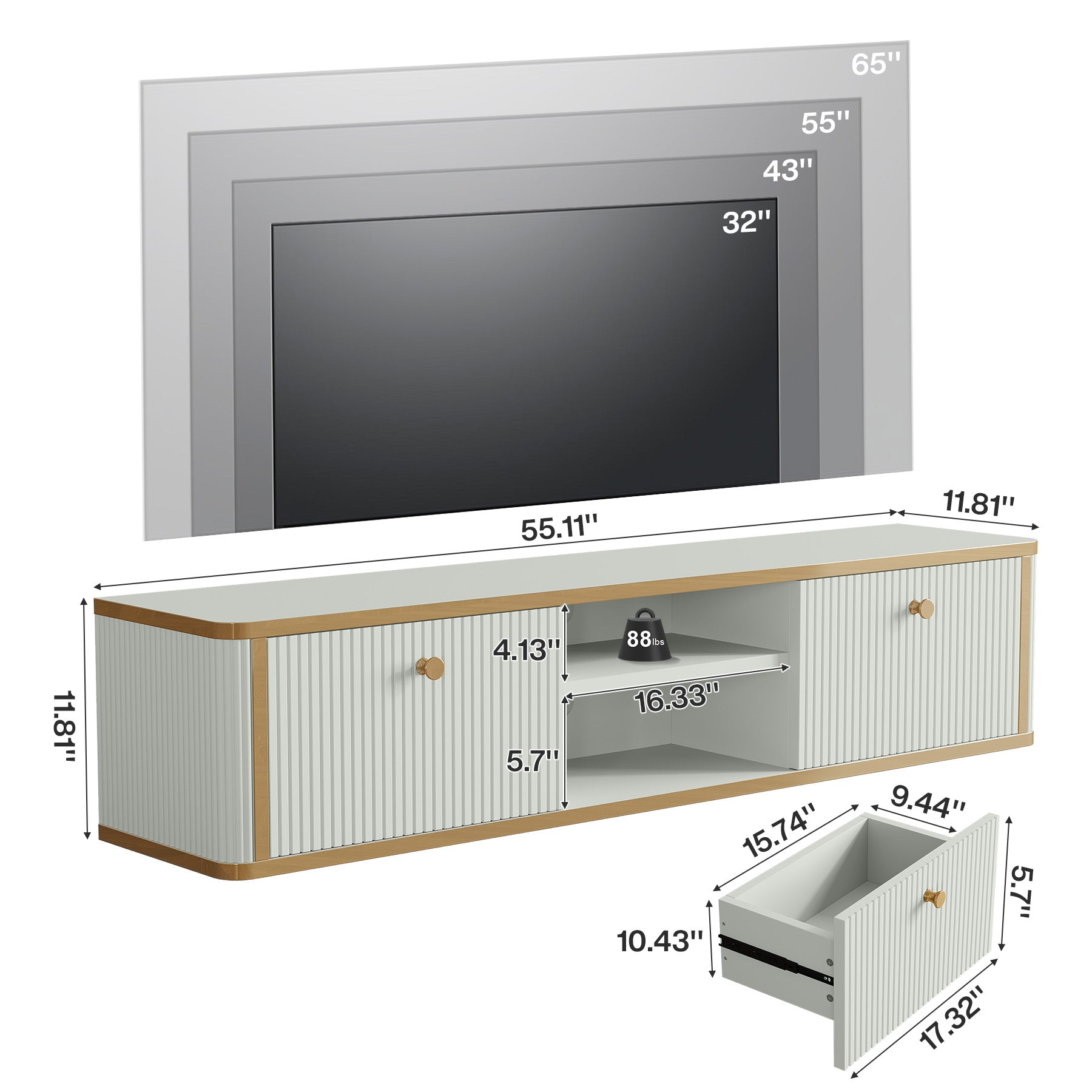 55" Floating TV Stand with 2 Drawers, Wall Mounted Entertainment Center for Living Room