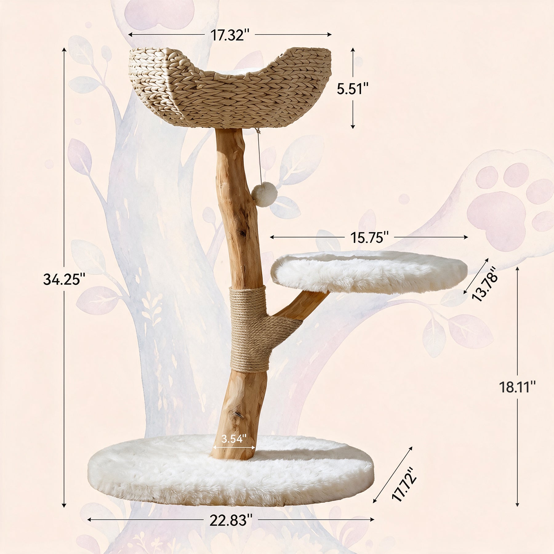 35" Tall Solid Wood Cat Tree, Boho Cat Tower with Cat Ear Wicker Basket Bed with Real Branch Design