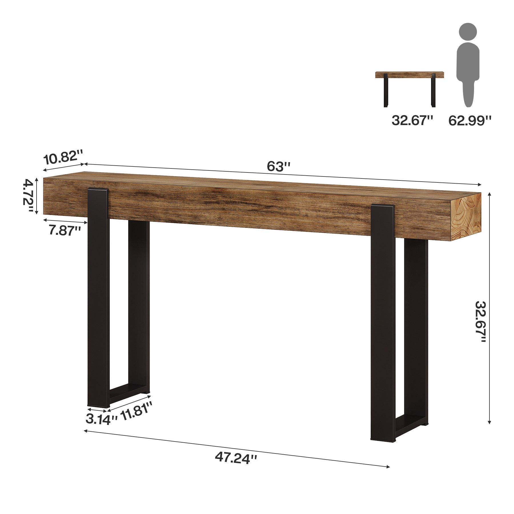Solid Wood Console Table, 63" Entryway Sofa Table with Metal Legs