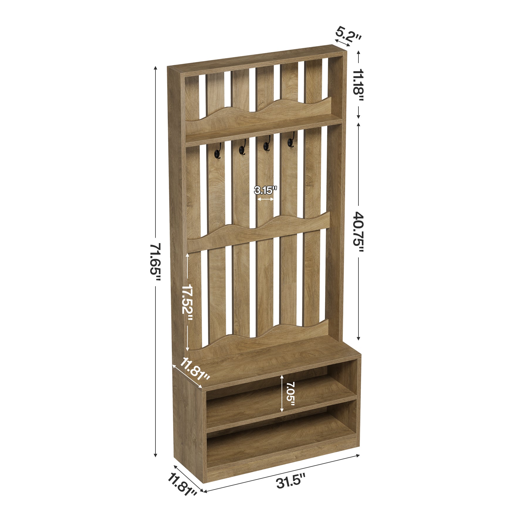 71.6" Tall Hall Tree, Farmhouse Entryway Storage with Bench & 4 Coat Hooks