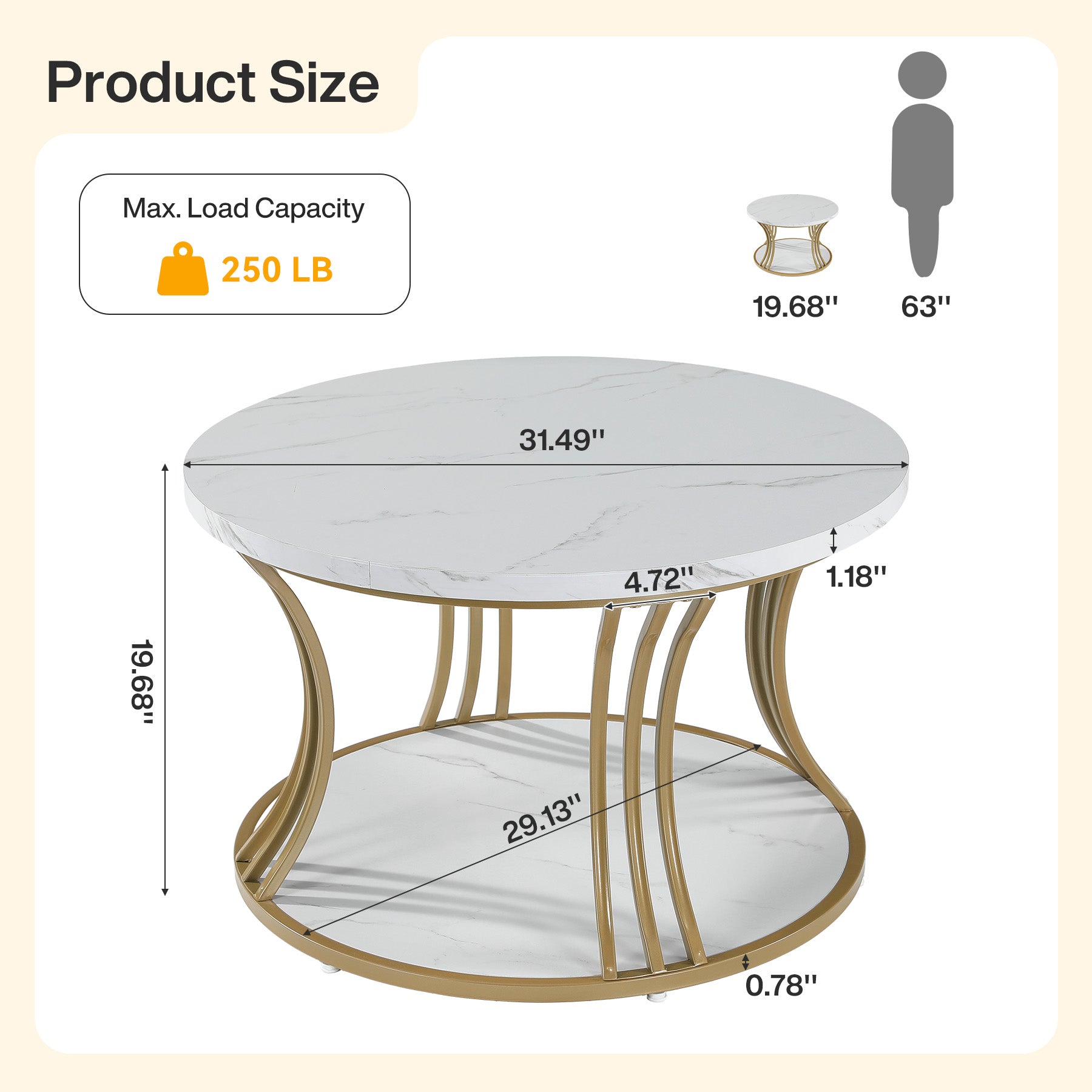 31.5" Round Coffee Table, 2-Tier Modern Faux Marble Center Cocktail Table