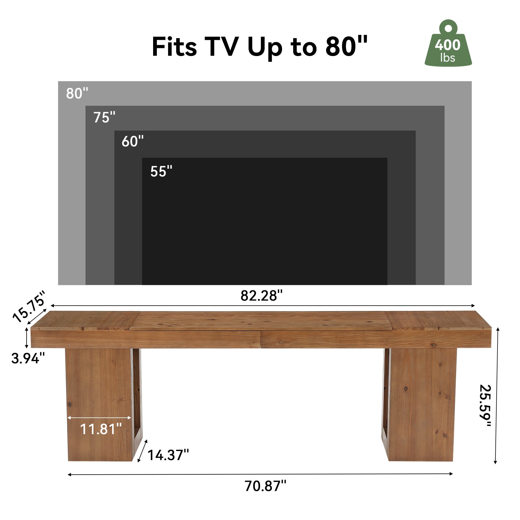 82" Extra Long TV Stand, Solid Wood Media TV Console for up to 80-Inch TVs