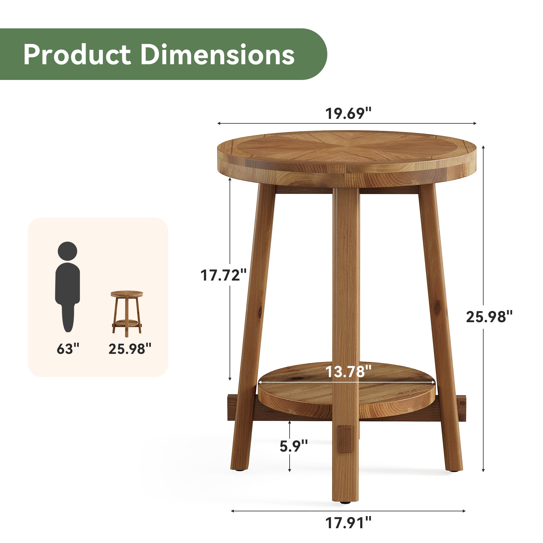 19.6" Round End Table, Solid Wood Side Table with 2-Tier Storage