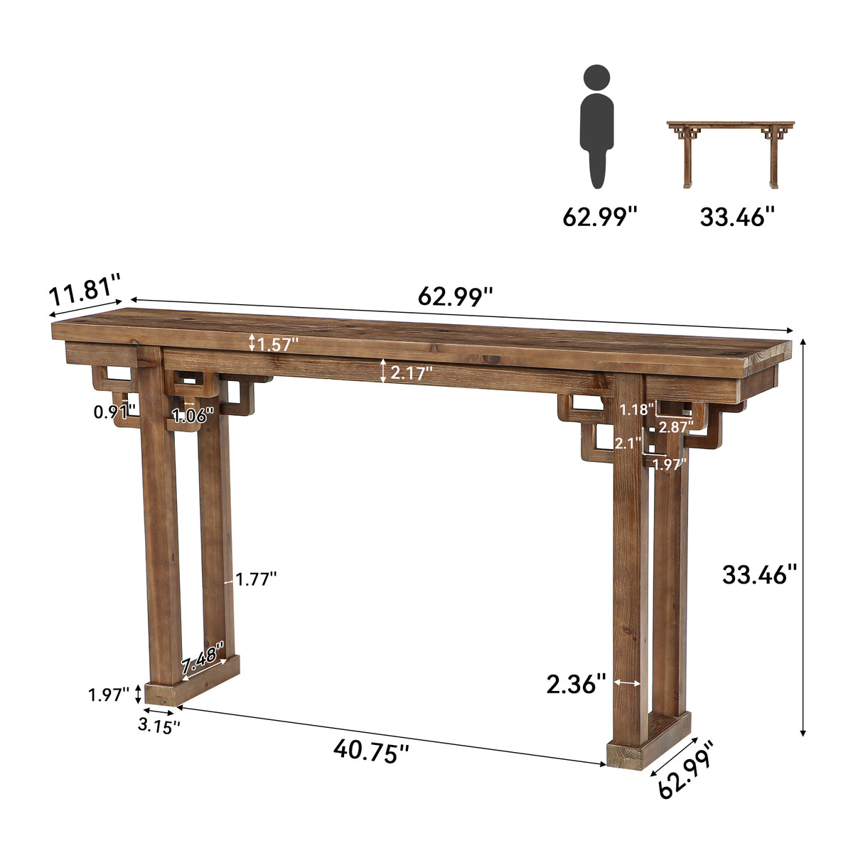 63" Farmhouse Console Table, Solid Wood Entryway Table, Thick Legs & Carved Detail