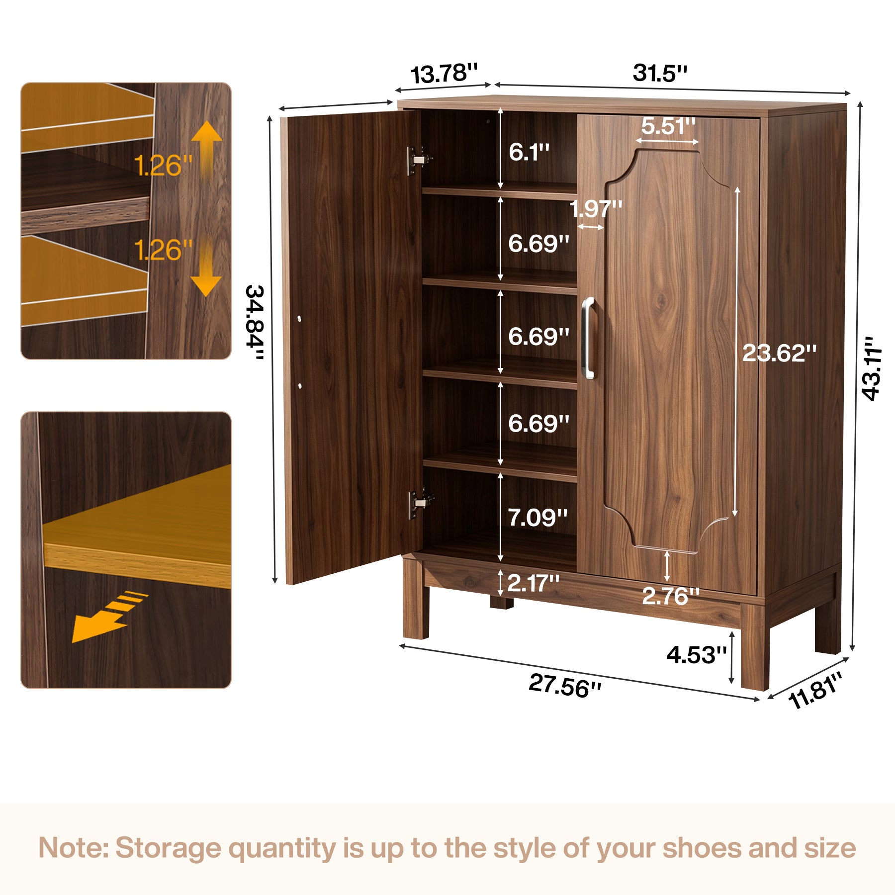 5-Tier Shoe Cabinet, Farmhouse Shoe Storage Organizer with Doors & Adjustable Shelves