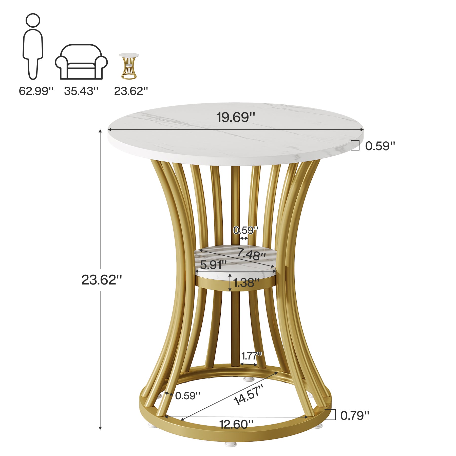 19" Round Faux Marble End Table, 2-Tier Modern Side Table, Indoor Outdoor, Living Room Patio